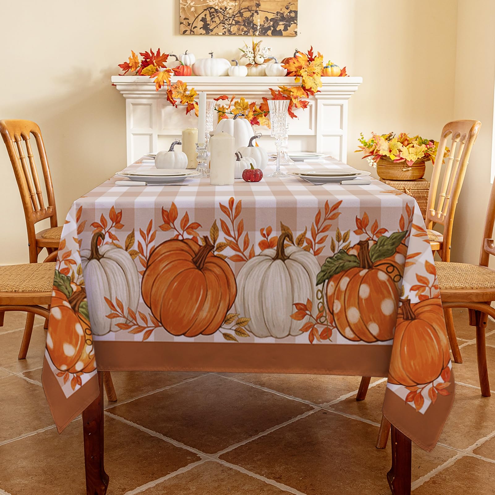 Romanstile Tovaglia antimacchia 240x140 cm autunnale Rettangolare per 6-10 posti Tovaglie a quadri da esterno impermeabile con motivo a zucca arancione Decor tavola per halloween,cucina,campeggio