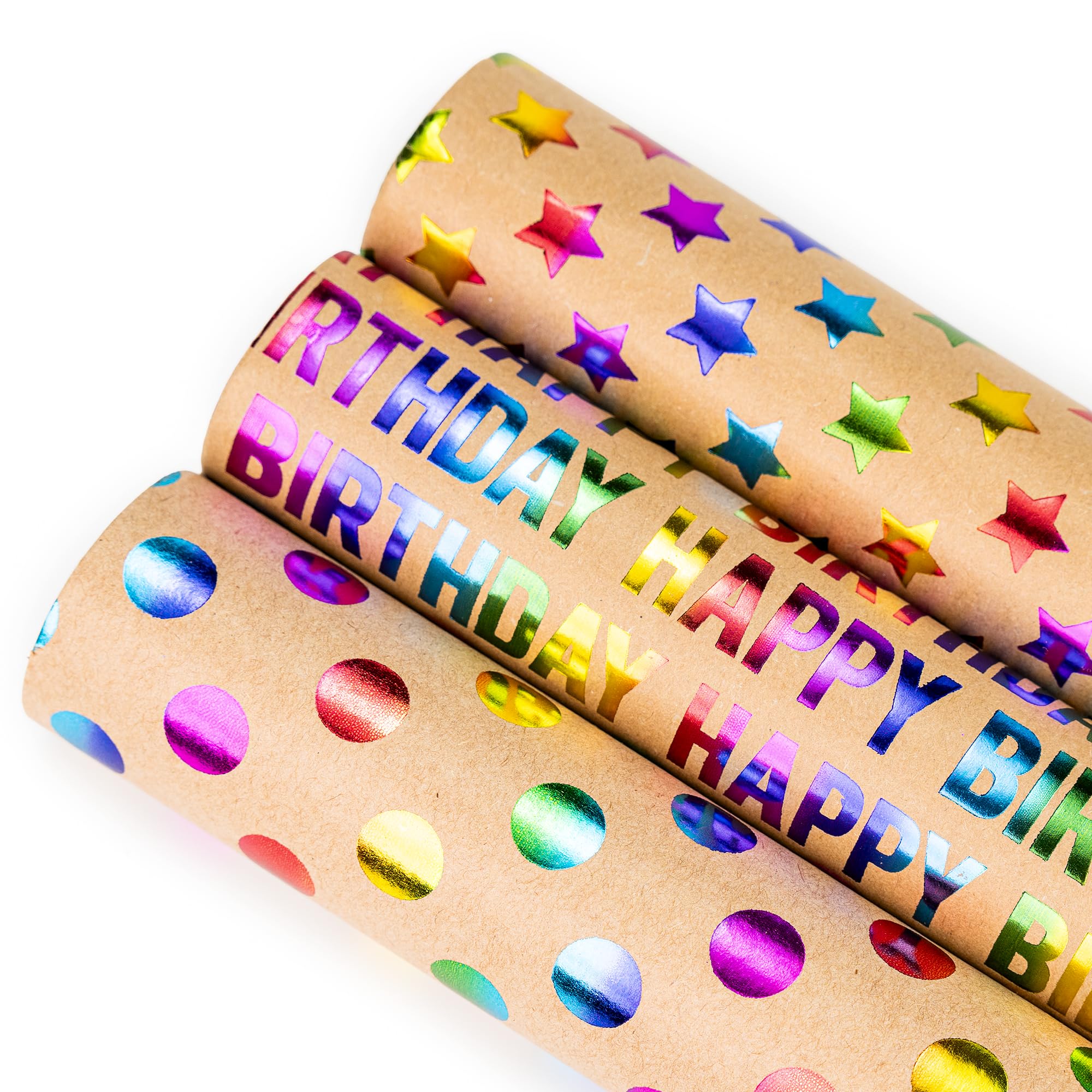 Wrapping Paper Roll Pack Of 3 Birthday Wrapping Paper With Stars, Dots & Happy Birthday Design