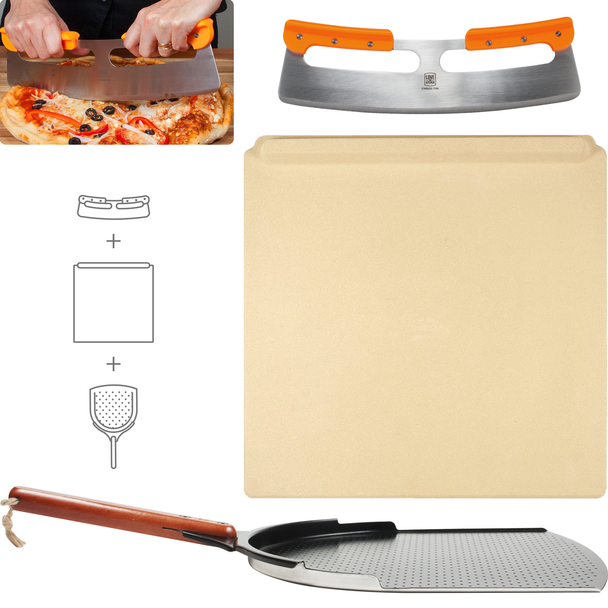 The Ultimate Pizza Making Set - 14" x 16" Pizza Stone, 14" Aluminum Pizza Peel and 14" Stainless Steel Rocker Pizza Cutter | Great for Baking Pizza, Cookies and Bread in Any Oven or Grill