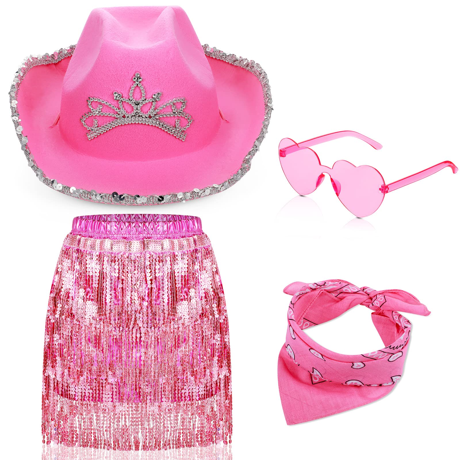 6-Piece Glitter Cowgirl Outfit Set - Rhinestone Cowboy Hat & Silver Jewelry For Women, Bachelorette, Halloween, Costume Parties