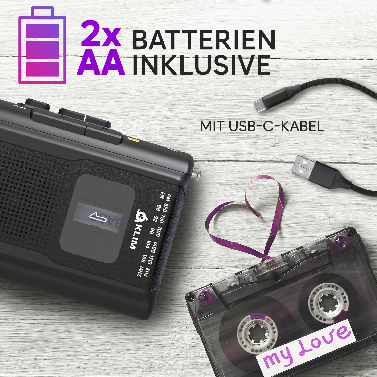 KLIM K8 Kassettenspieler - Kassettenrekorder - NEU Cassette Player - AM/FM Kassettenradio - Eingebautes Mikrofon & Lautsprecher - Kopfhöreranschluss & Ohrhörer - Schwarz