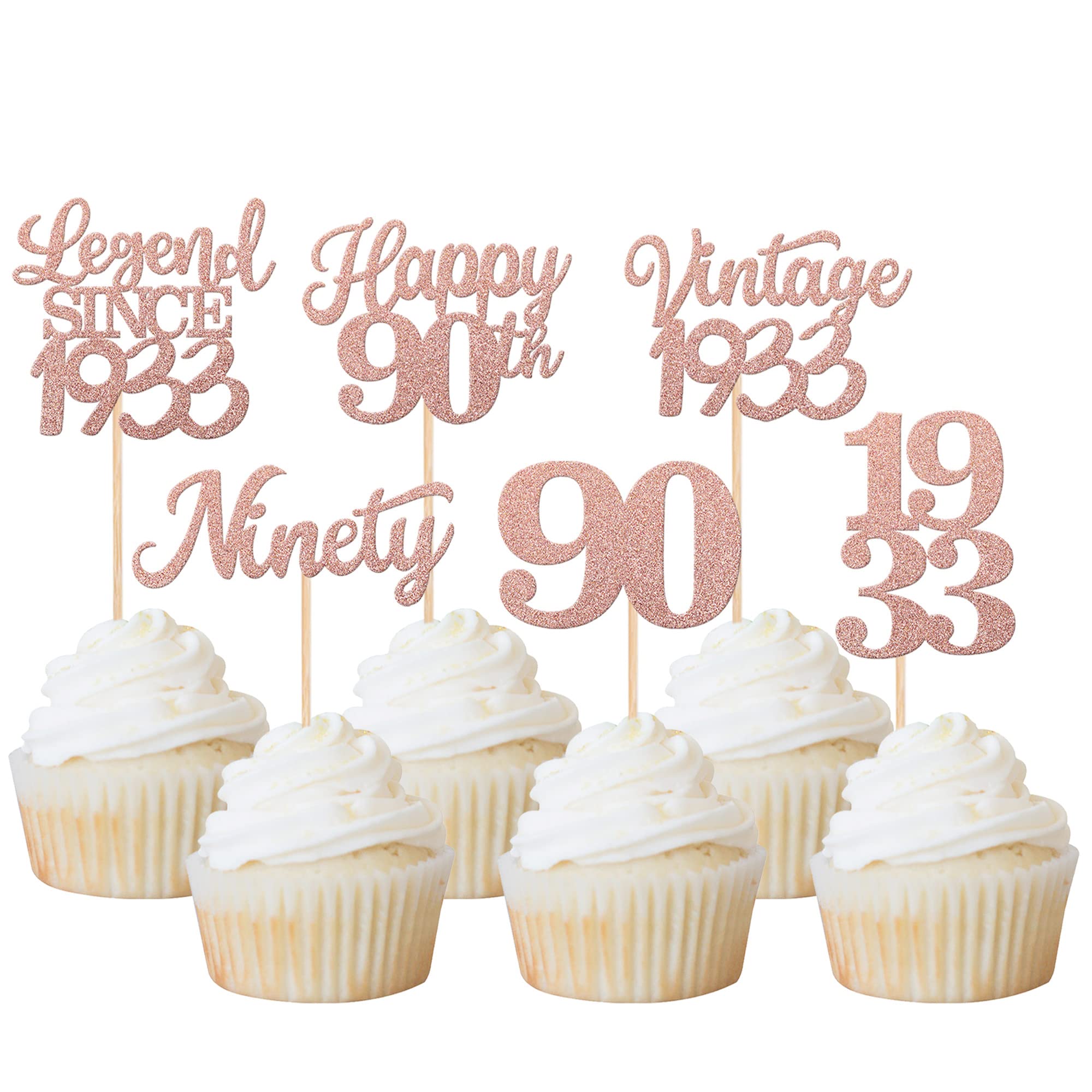 Xsstarmi 48 Pack Rose Gold Glitter Vintage 1933 Cupcake Toppers Legend Since 1933 Ninety Happy 90th Number 90 Cupcake Picks for 90th Birthday Wedding Anniversary Party Cake Decorations