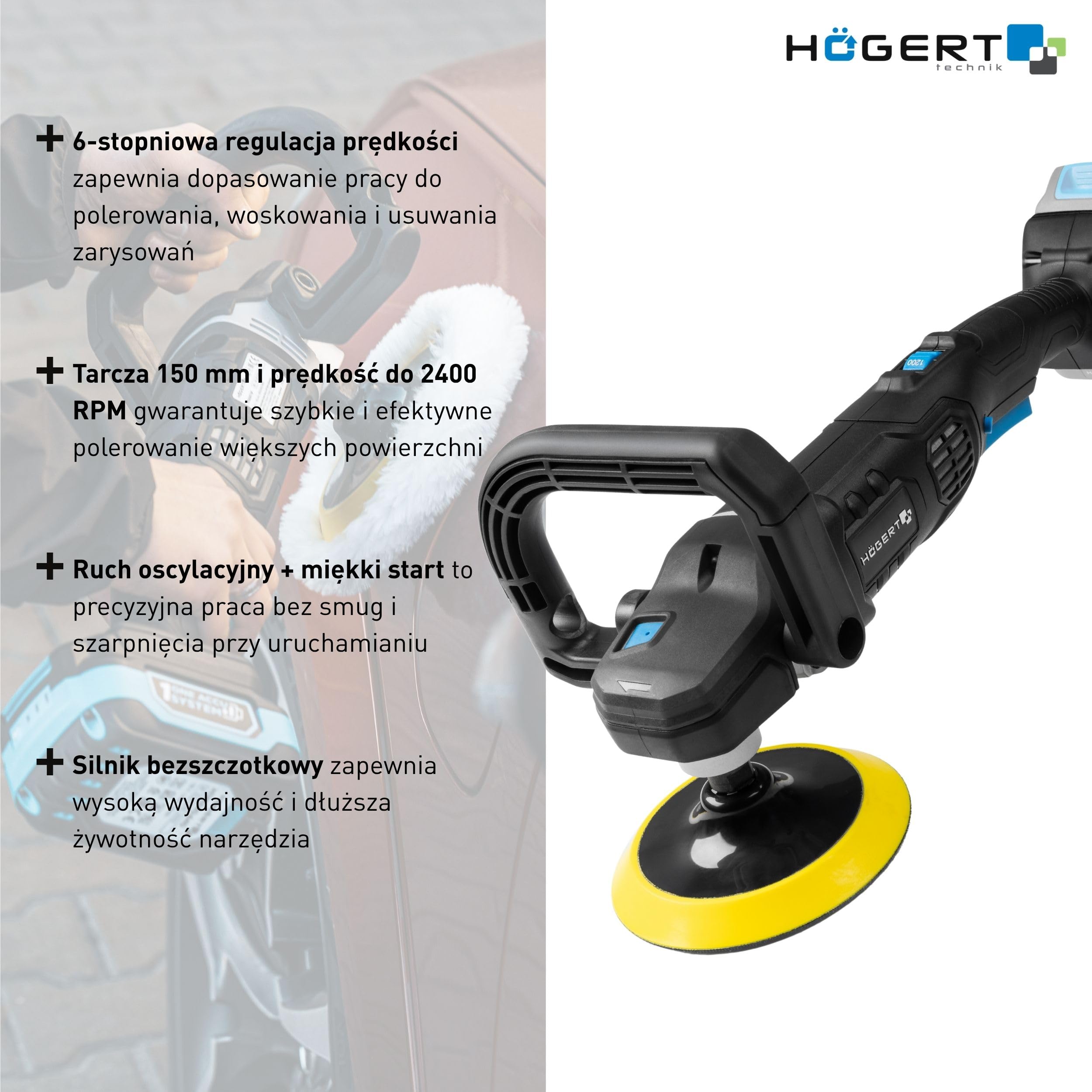 HÖGERT TECHNIK - Akumulatorowa maszyna do polerowania 18 V, bezszczotkowa, 150 mm, 800-2400 obr./min, 6 stopni, Softstart, mimośrodowa polerka z M14, filtr, zdejmowany uchwyt, podkładki w zestawie.