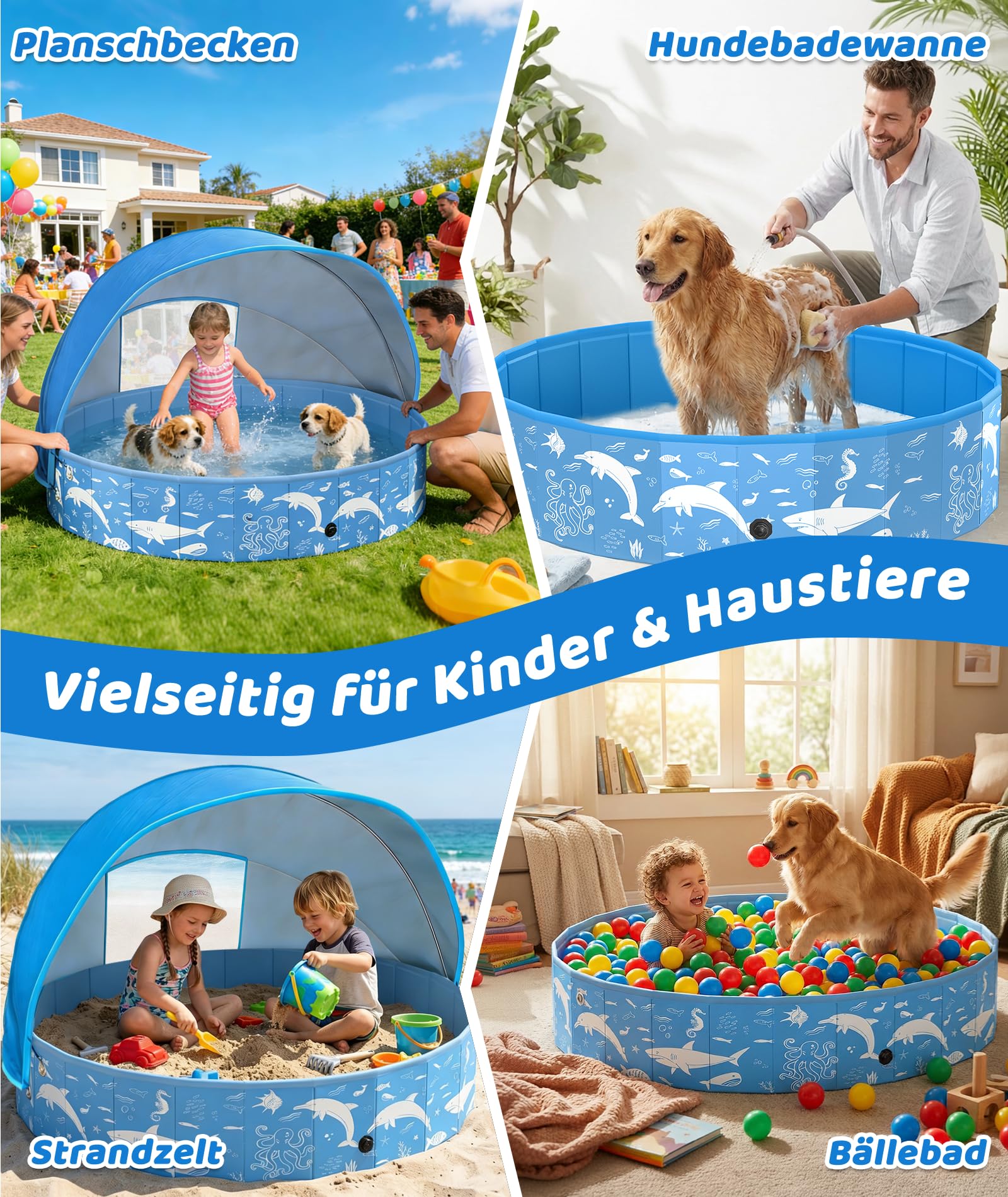 Instraella Hundepool mit Sonnendach, Faltbarer Planschbecken für Hunde, Rutschfest, Tragbarer Hundebadewanne
