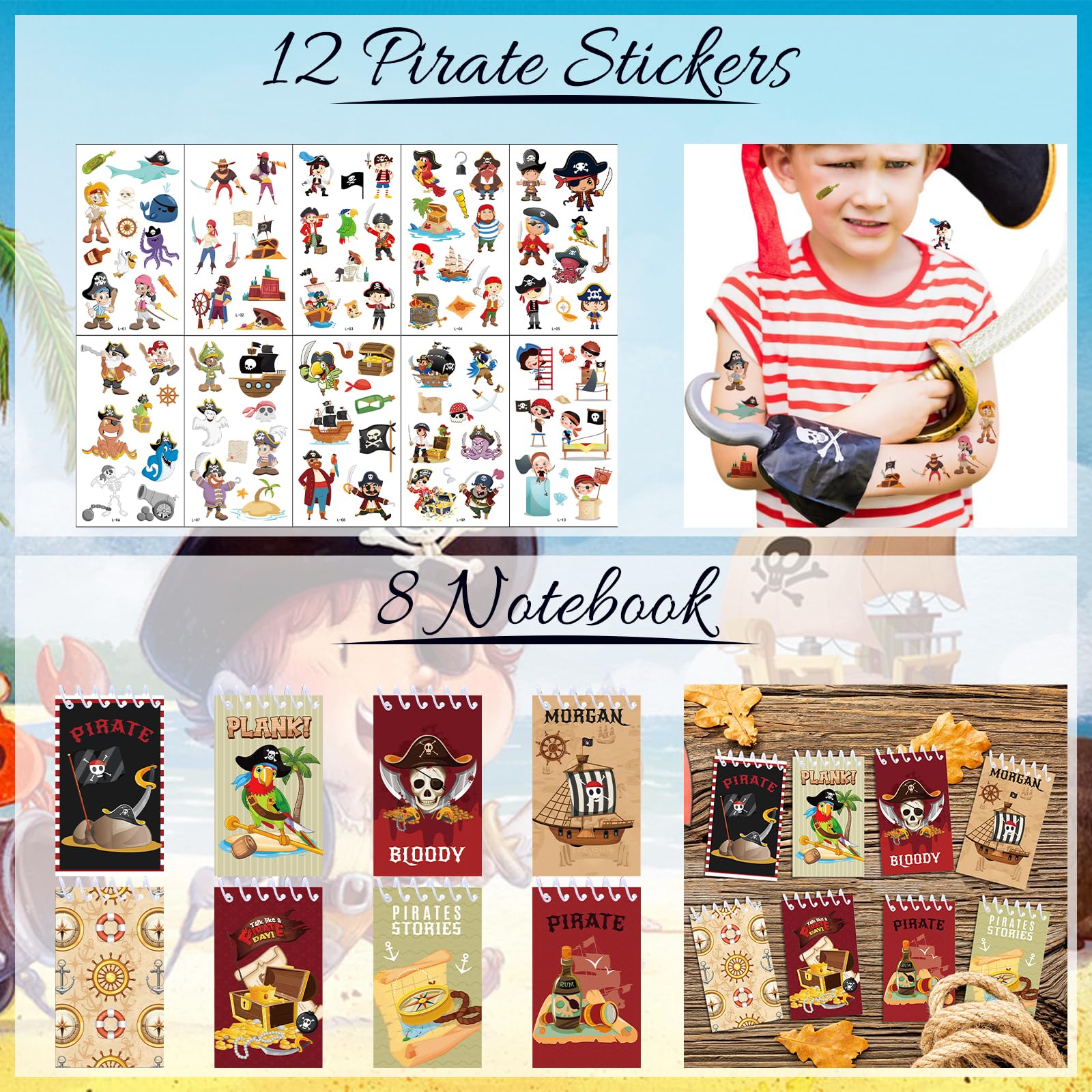 PQKL Party: Set di regalini pirata per compleanno bambini, festa dei pirati, sacchetti regalo, taccuino baffi, bracciale a scatto, adesivo per la nascita dei bambini