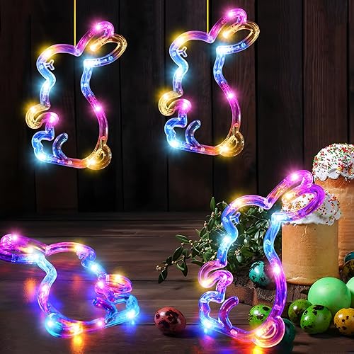 Miniatura 9 de LYUBASA Paquete de 4 luces de ventana de Pascua con temporizador, funciona con pilas, multicolor, iluminado, conejo, zanahoria, huevo, lechón,