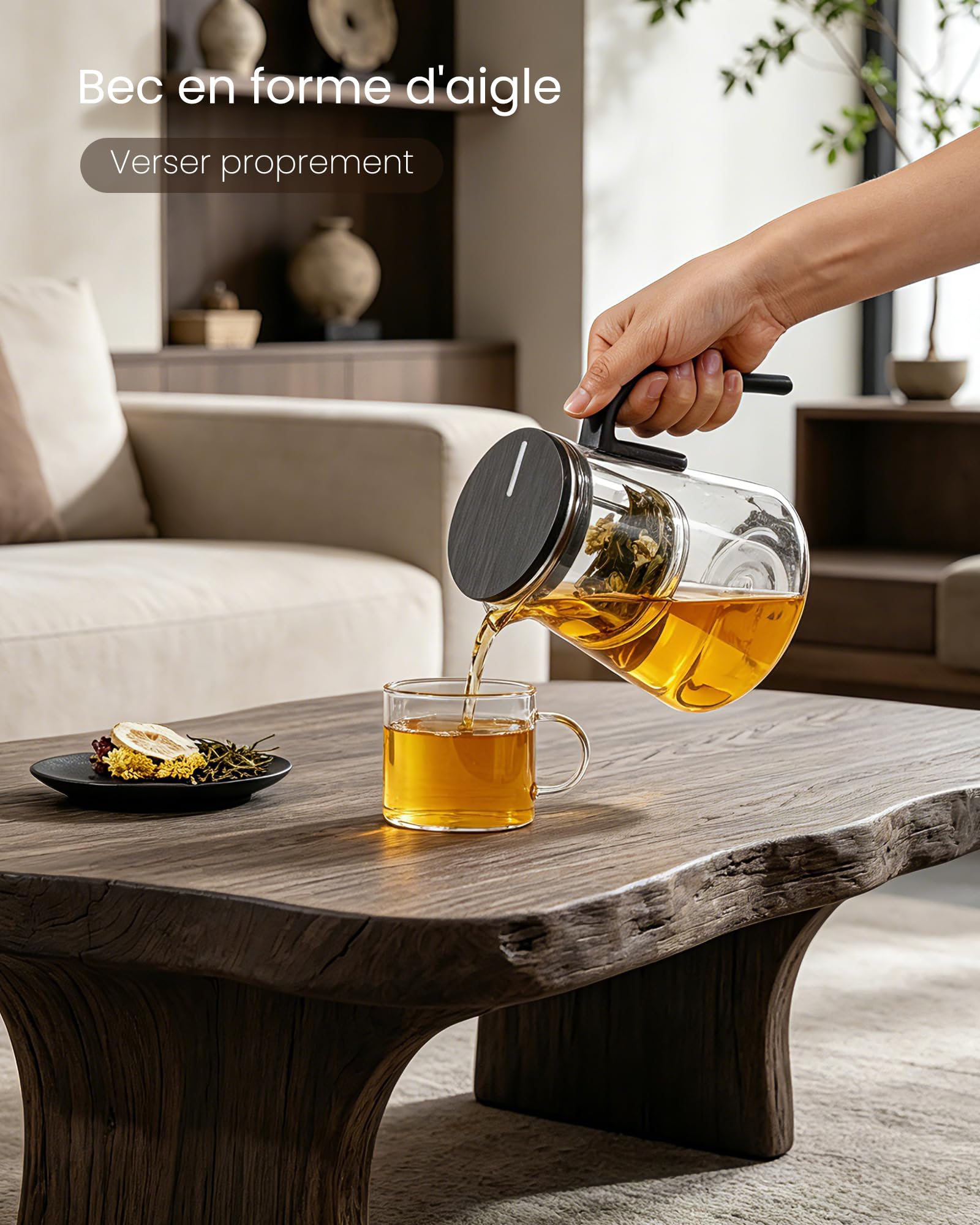ZENS Theiere con infusore, Magic Teiera in vetro con coperchio magnetico per succhiare tè in foglie o fiori, macchina da tè per gli amanti del tè, motivo noce nero, 800 ml