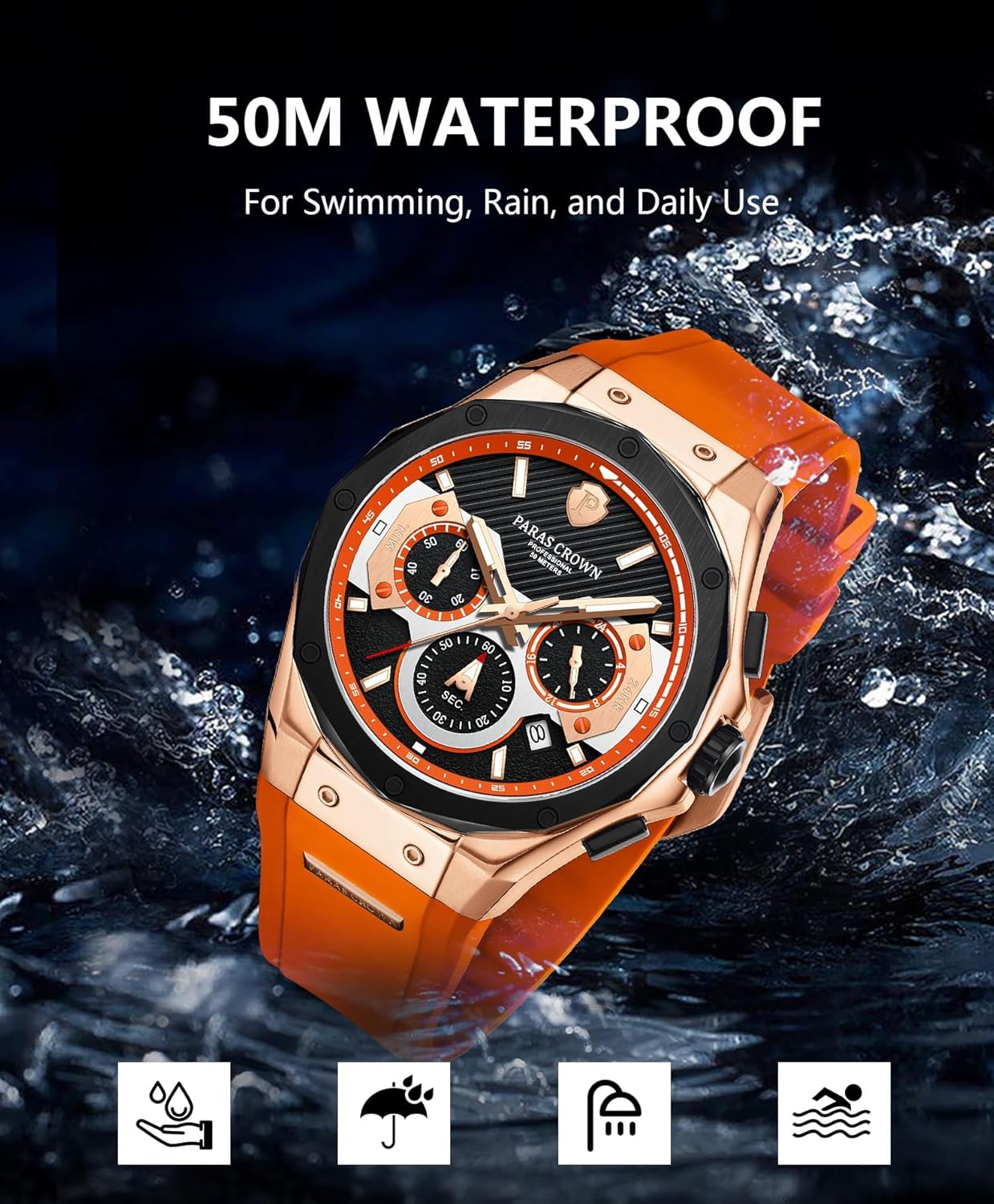 Mens Watches Fashion Luxury Quartz Waterproof Chronograph Wrist Watches for Men Silicone Strap Stainless Steel Case - Image 5