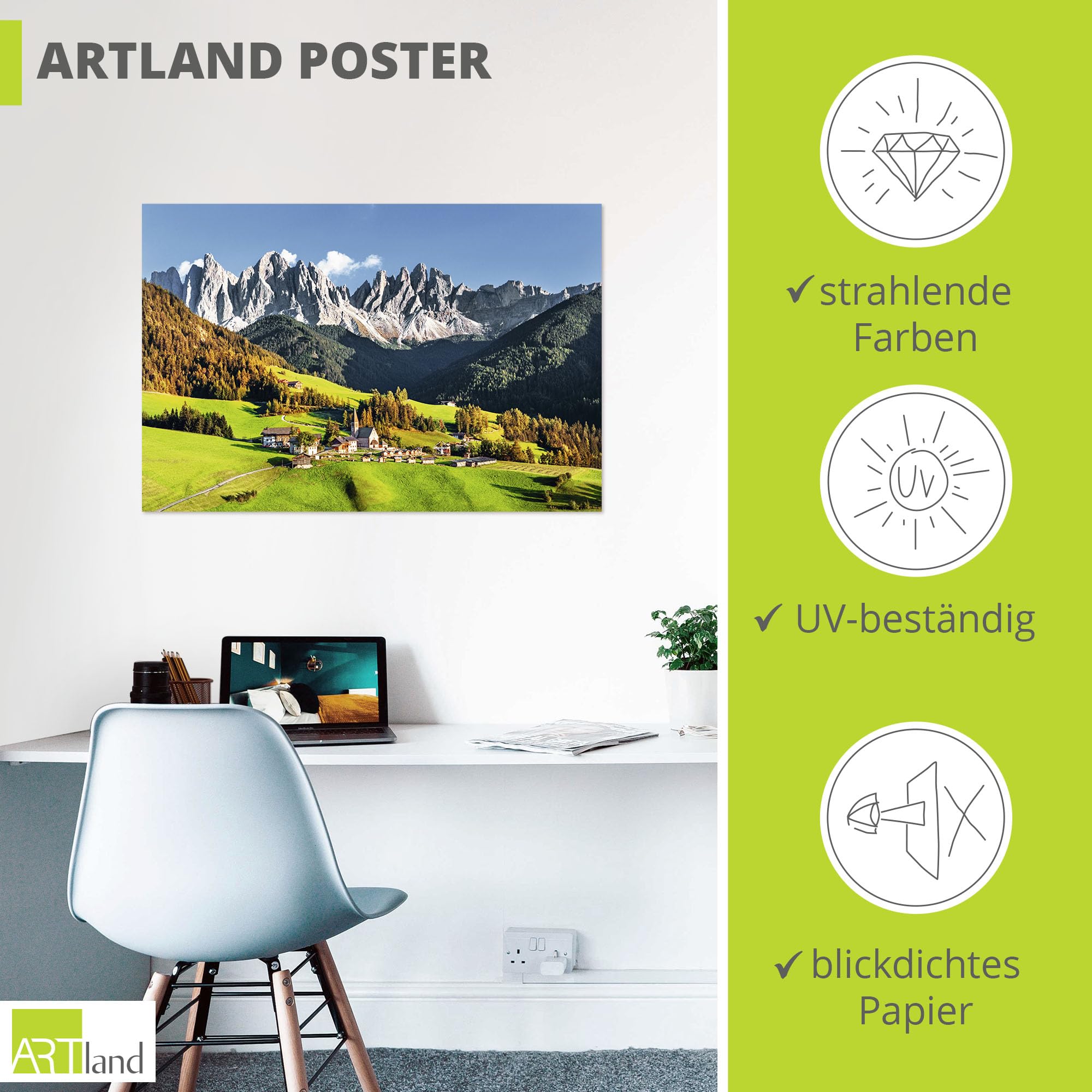 ARTLAND Wanddeko Poster & Kunstdrucke Wandposter 120x80 cm Querformat Alpen Berge Landschaft Italien Berge Gebirge U1TF