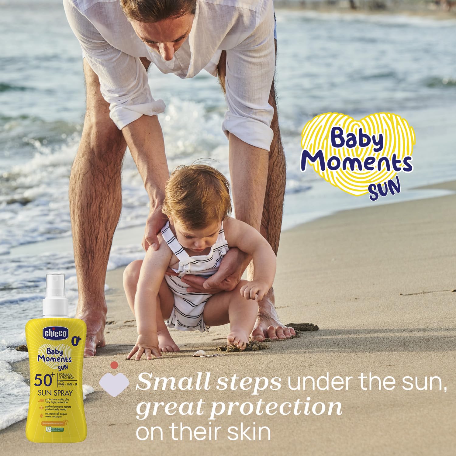 Chicco Spray Lait SPF 50+ Spray Solaire Excellente Protection Peau Sensible de Bébé Protège des Rayons Solaires Léger et Imperméable Hydratant 150ml