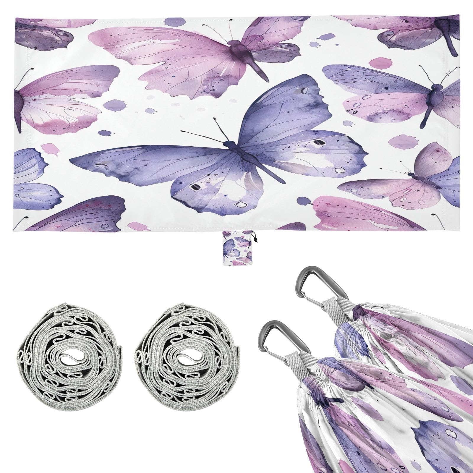 Kigai Watercolor Butterfly Camping Hammock Durable & Portable Travel Hammock Holds 330lbs with Tree Strapsm, Pocket, Camping Accessories