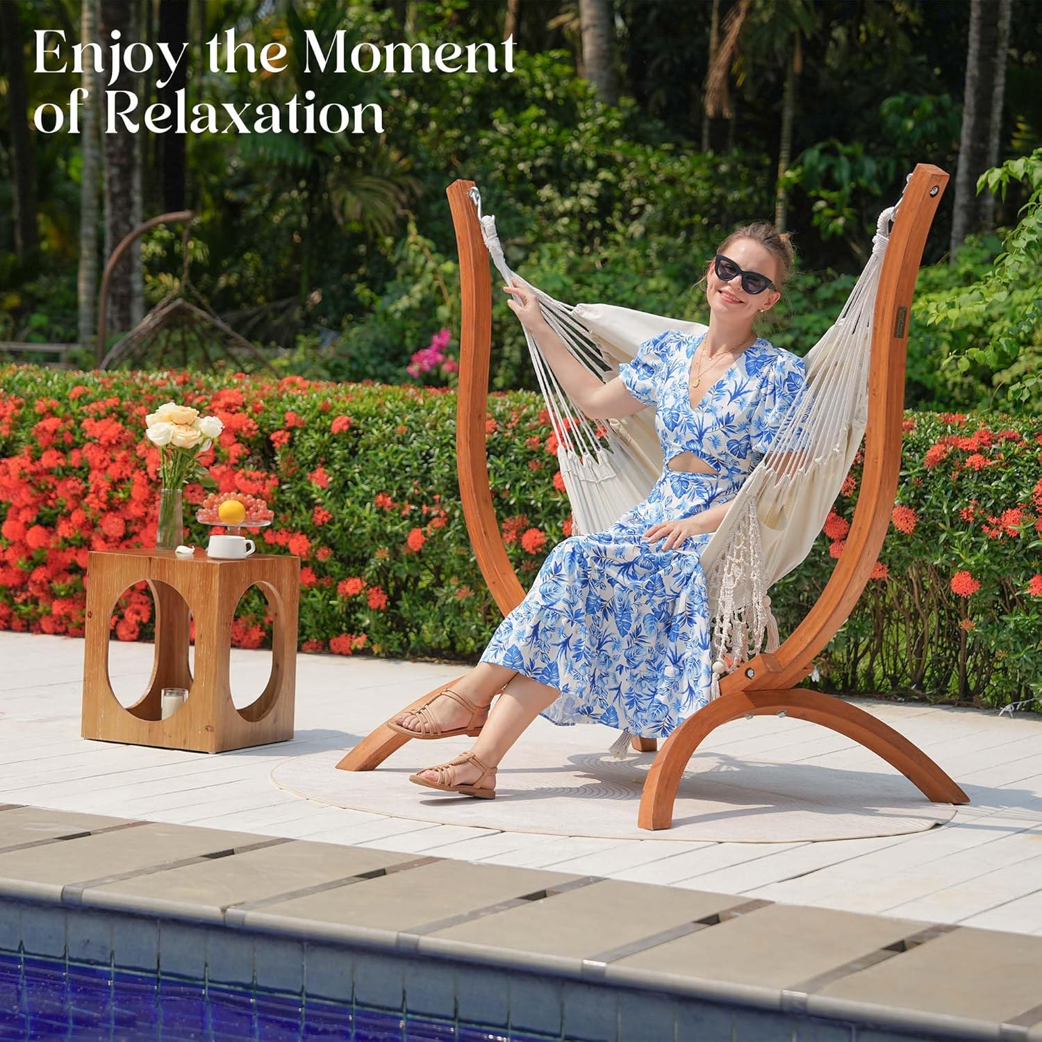 Lazy Daze Hammocks Swing Chair with Stand, Heavy-Duty Wood Stand,Macrame Boho Handmade Adjustable Swing with Cushion for Indoor, Bedroom, Yard, Garden, Porch 400lbs Capacity(Brown)