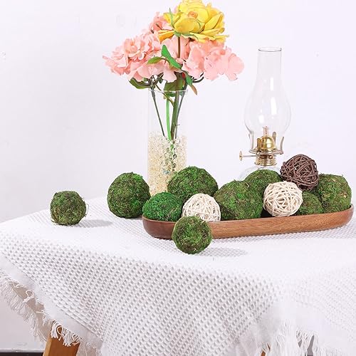 Miniatura 6 de Juego de 13 bolas de musgo natural, bola decorativa de musgo verde, bolas de mimbre redondas, jarrón, bandeja de madera ovalada de 13.8 x 4.7