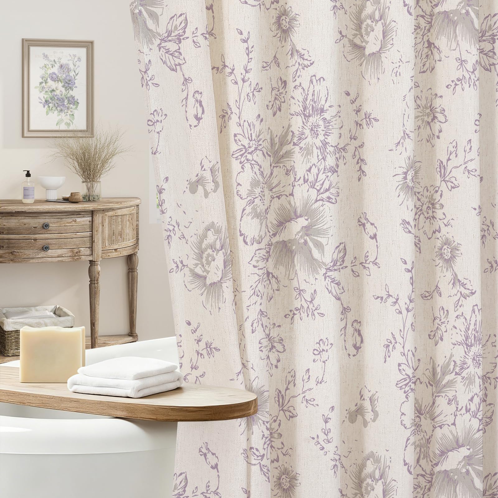 Light Purple Floral Linen Shower Curtain, Cottagecore French Country, 36x72