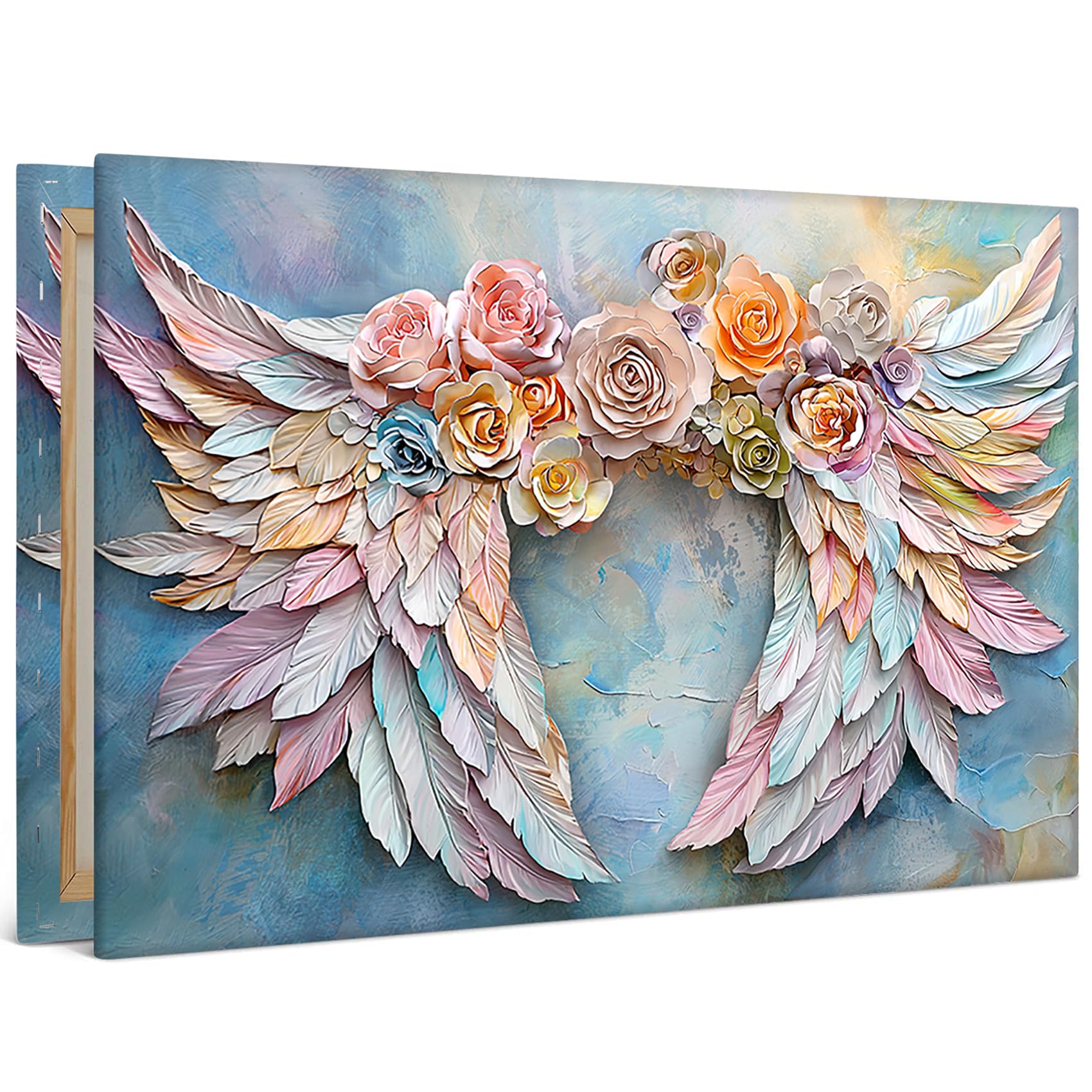 Marco de Madera 3D Rosas Alas de Ángel Grande Cuadros Decoracion Salon Modernos Lienzos decorativos Día de San Valentín Rosa Azul Alas Cuadros Decorativos Salón Dormitorios Comedor Oficina 60x90cm