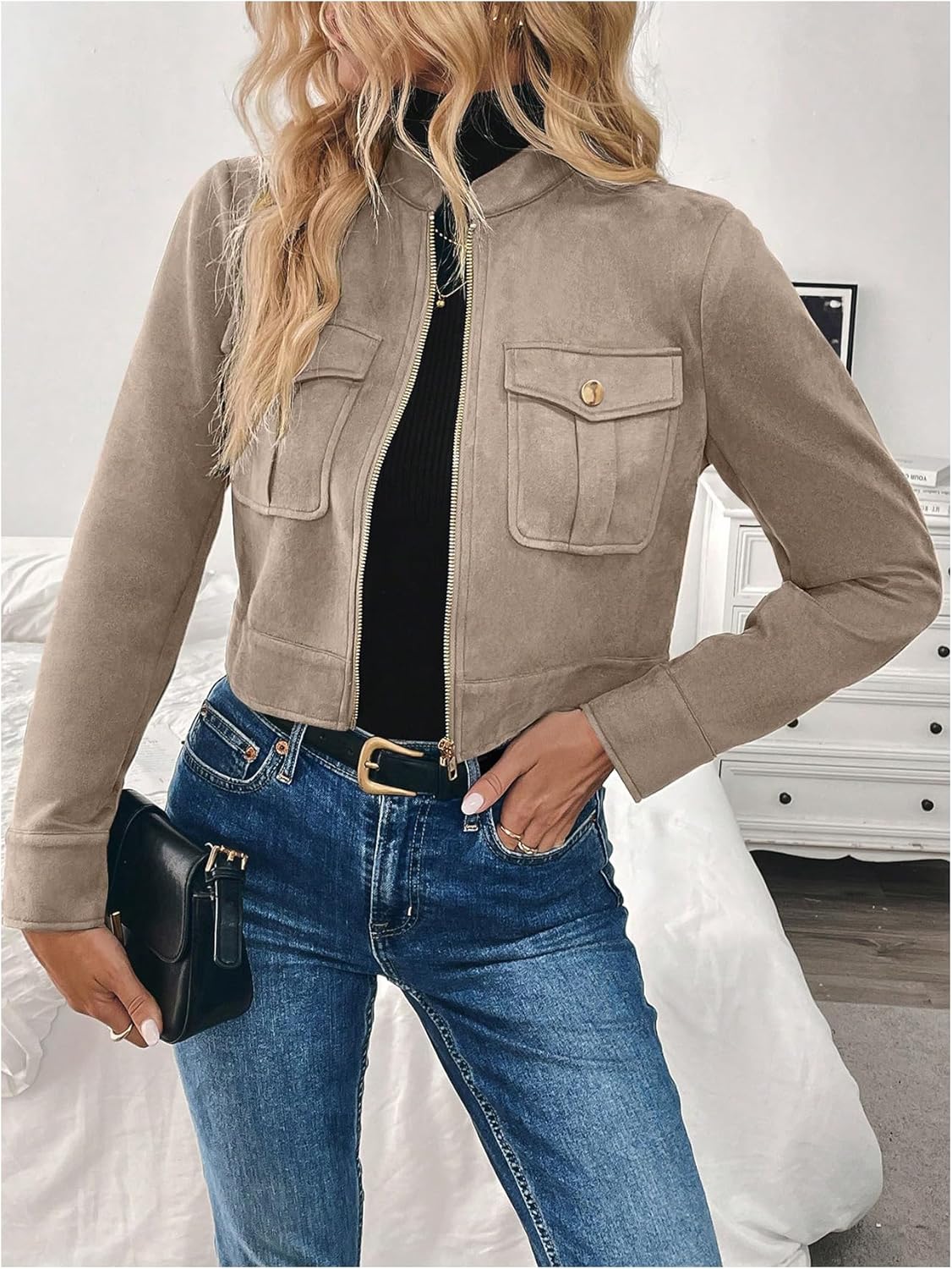 Verdusa Women's Zip Up Crop Spring Jackets Faux Suede Long Sleeve Motorcycle Cargo Jacket with Pockets - Image 3