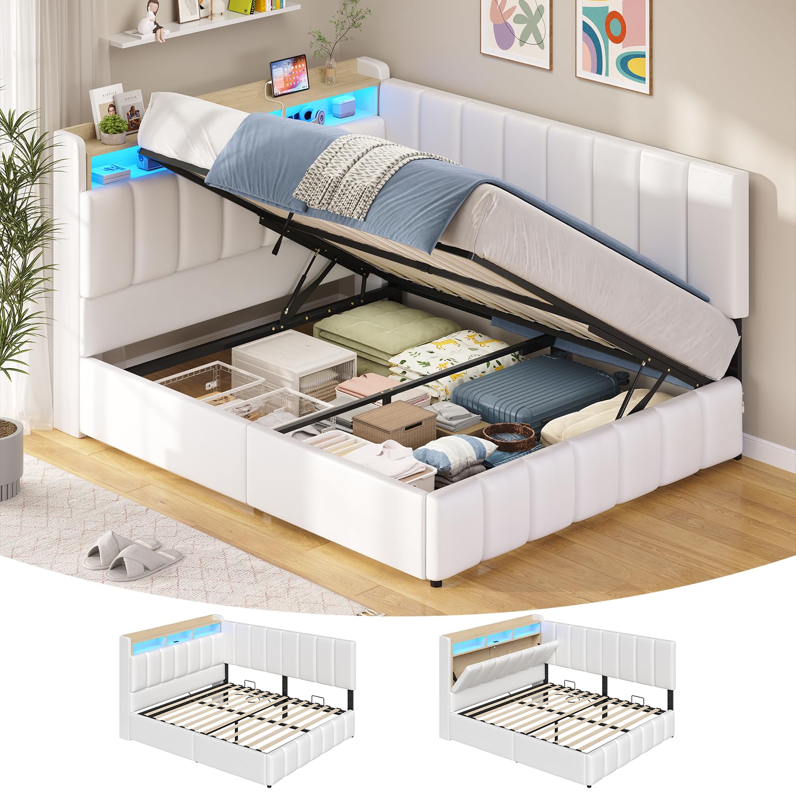 Cama tapizada con iluminación LED, cama juvenil de 140 x 190 cm, cama con somier y estación de carga, cabecero con espacio de almacenamiento oculto, Amplio espacio de almacenamiento,color blanco PU