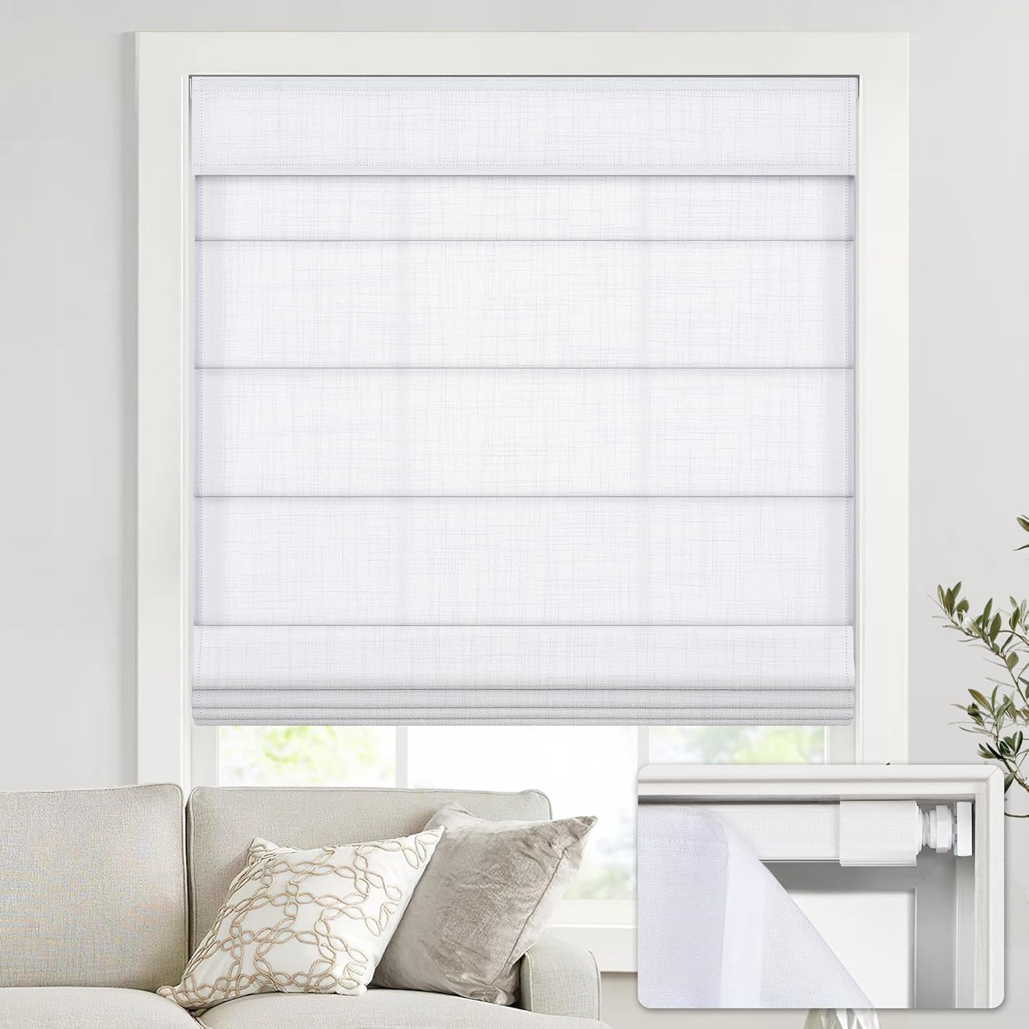 no Drill Cordless Roman Shades for Windows, 36" W × 64" H - Light Filtering - Linen - White Light Filtering - Linen - White 36" W × 64" H