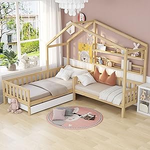 Merax Cama de casa con cajones y estantes, Cama Infantil de 90 x 200 cm y 140 x 70 cm, Madera Maciza con Valla y somier, Estructura en L, para 2 niños, Cama Doble, Color Natural