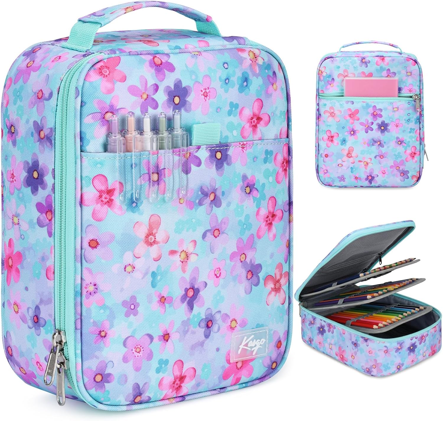 Large Pencil Case, Kasqo Marker Pencils Pouch Bag Holder Polyester Stationery Storage Multiple Compartment Top Handle for Middle High School Office College Student Girl Women Adult Teens,Pastel Floral