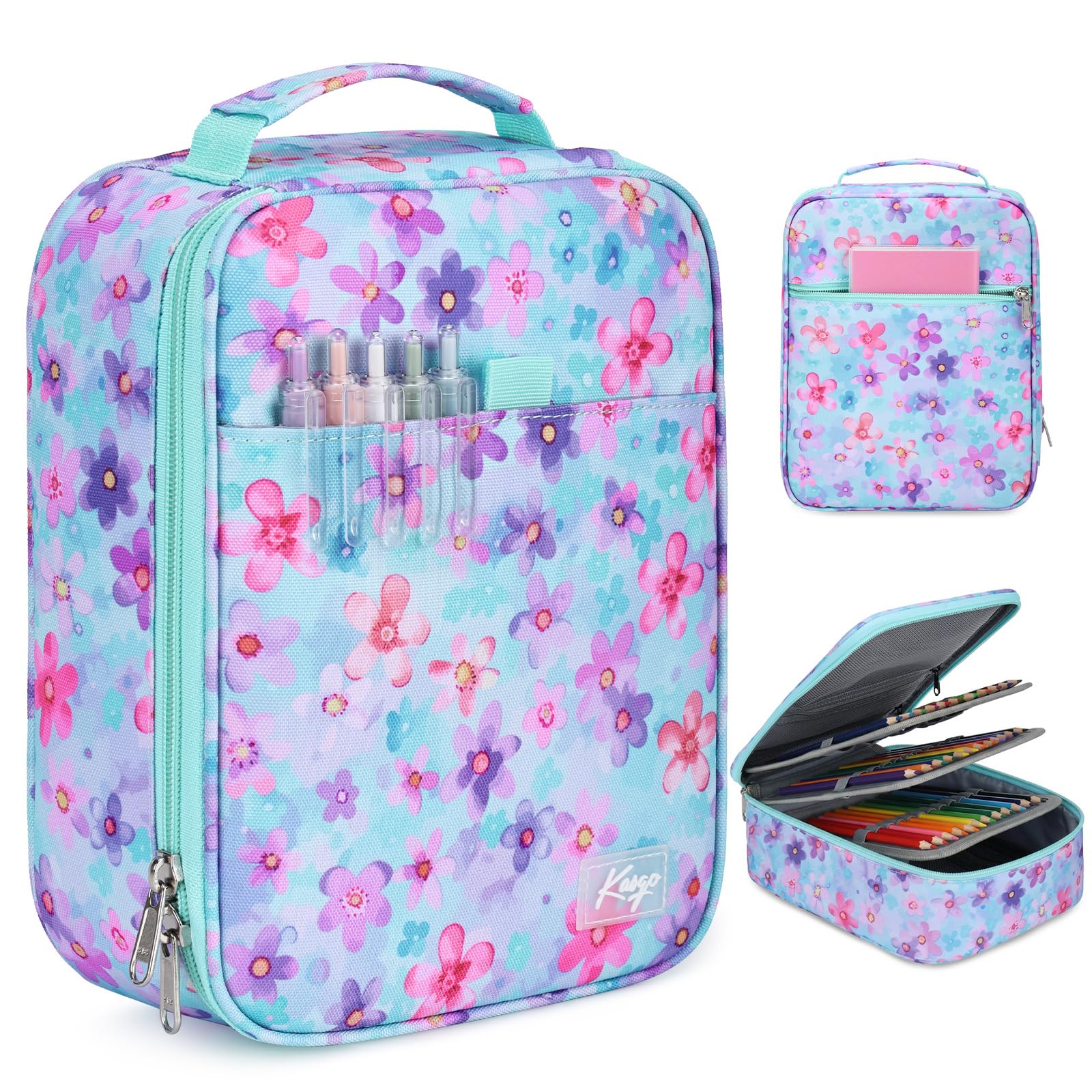 Kasgo Large Pencil Case for Girls Women, Stationary Pencil Pouch 2 Detachable Layers Pens Organizer Mutilt Compartment Pens Case for Teens Adult School Work Office Pastel Floral