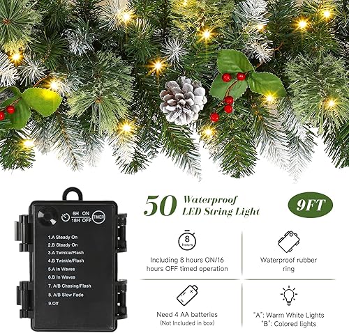 Miniatura 2 de SHareconn Guirnalda de Navidad artificial preiluminada de 9 pies con luces que cambian de color y temporizador funciona con pilas, para manto, mesa,