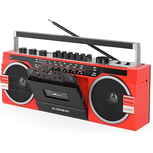 AudioBox Retrobox Bluetooth Boombox Speaker - 2 Way Boombox System with AM/FM/SW Radio, MP3 Playback, USB & SD Card Connection, Cassette Player, Built-in Speaker, 3.5mm Jack, Stereo Sound (Red)