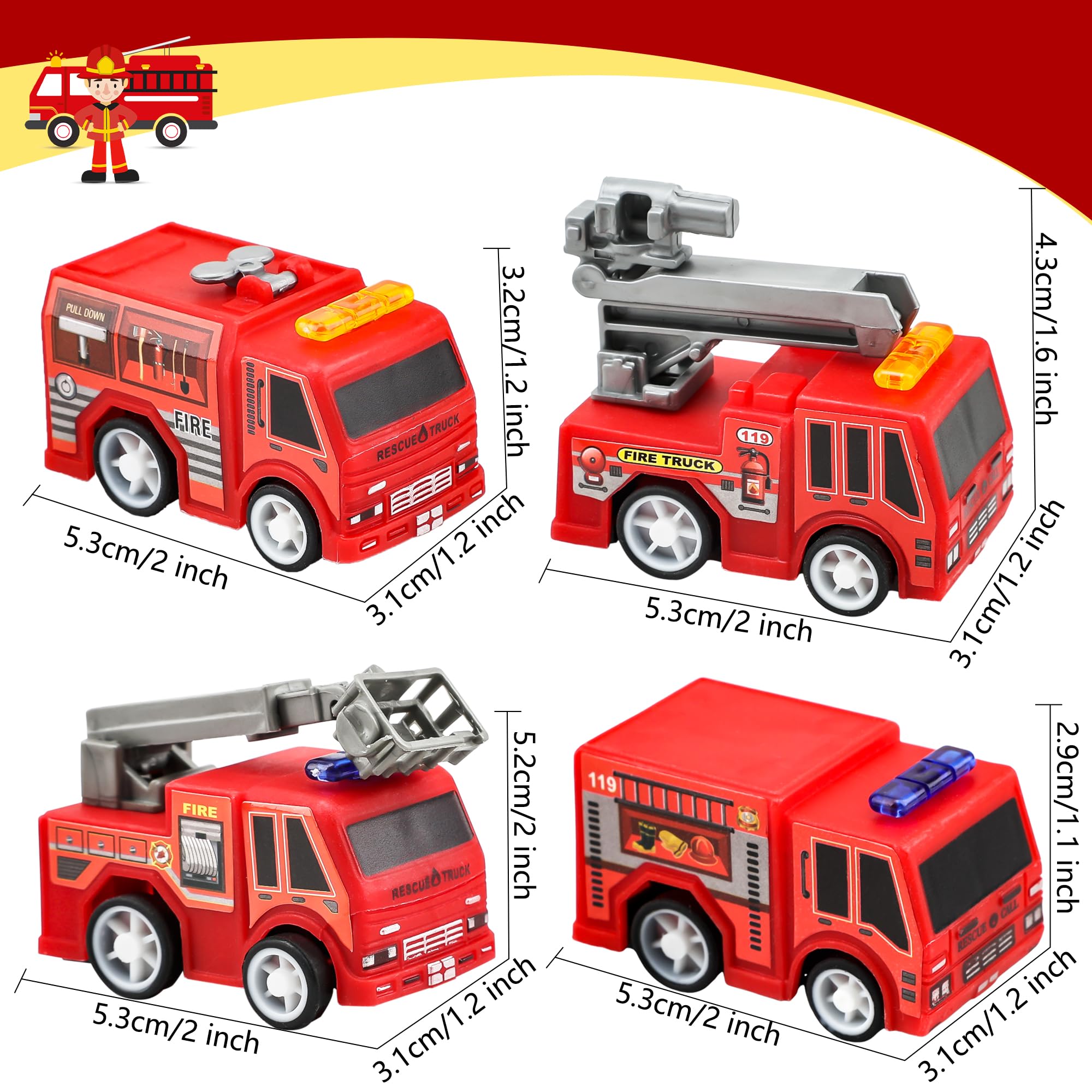 36 piezas de 4 estilos mini camión de bomberos de juguete de camión de bomberos pequeño juguete de plástico a granel camión de bomberos y bombero de juguete para niños bomberos suministros de 2