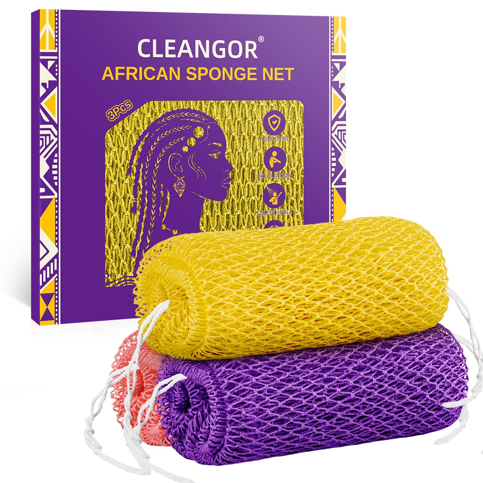 Cleangor 3Pcs African Net Sponge Authentic with Knots - Exfoliating Body