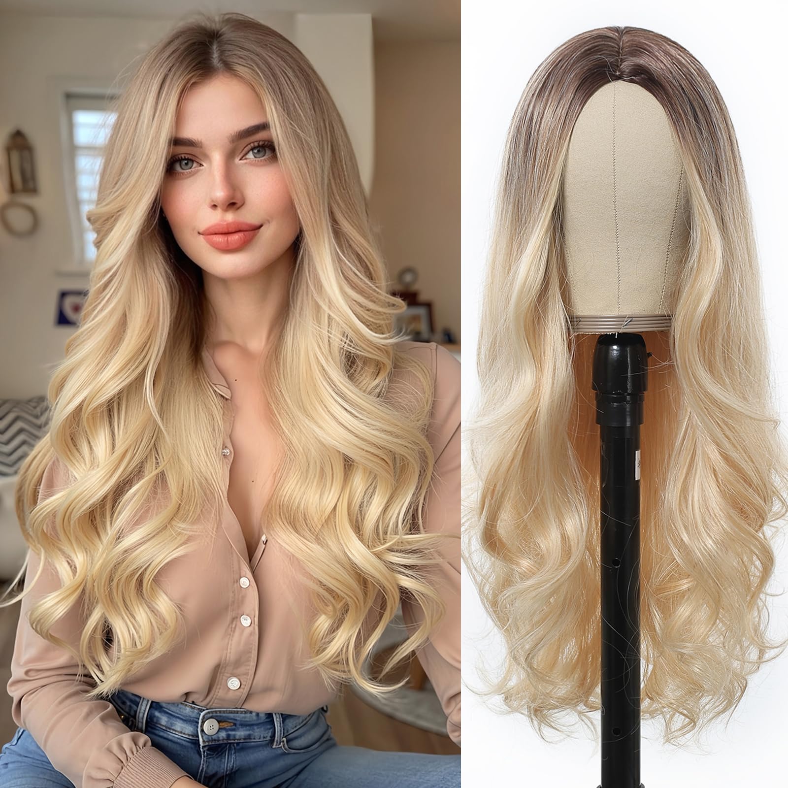 Esmee 24" Blonde wig Synthetic Wigs for Women Dark Roots Long Wig Brown Ombre Blonde Wavy Hair Realistic Simulation Scalp Middle Part for Daily Party Use