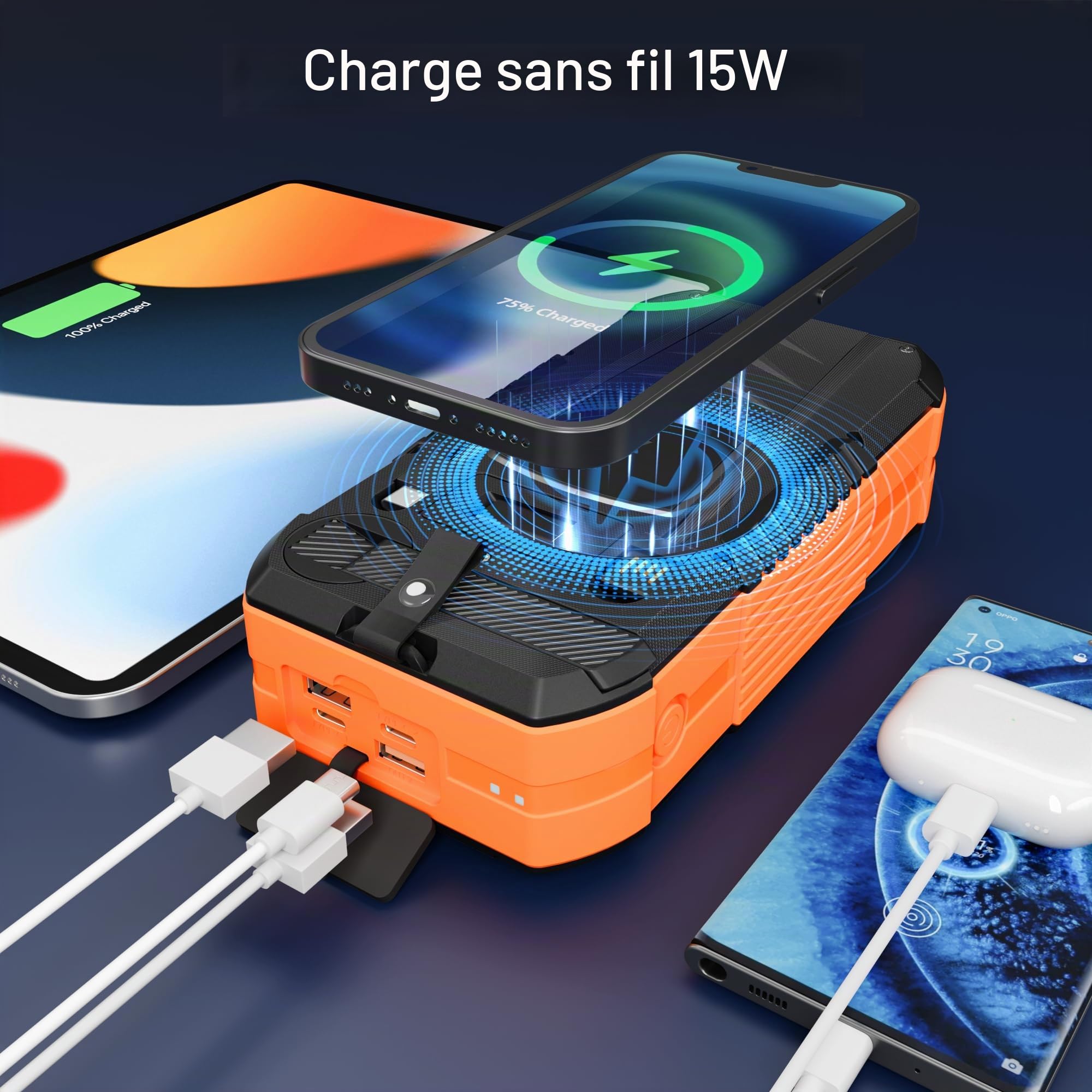 70000mAh Batterie Externe Solaire 30W PD sans Fil Power Bank Chargeur Portable Externe USB C Charge Rapide avec 2 Câble Intégré,6 Sorties avec Lampe de Poche,Manivelle de Secours pour Camping Phones