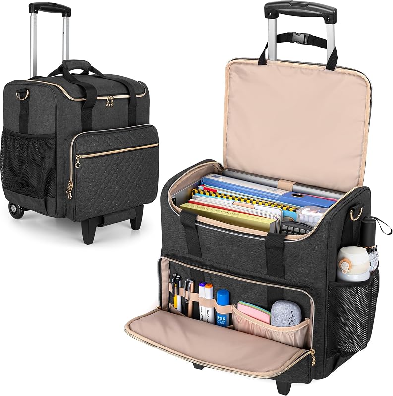Rolling Teacher Bag with Wheels and 15.6" Laptop Compartment, Black | Rolling Briefcase for Women, Teacher Tote Bag for Office Work with Detachable Dolly and Shoulder Strap, Ample Storage Pockets