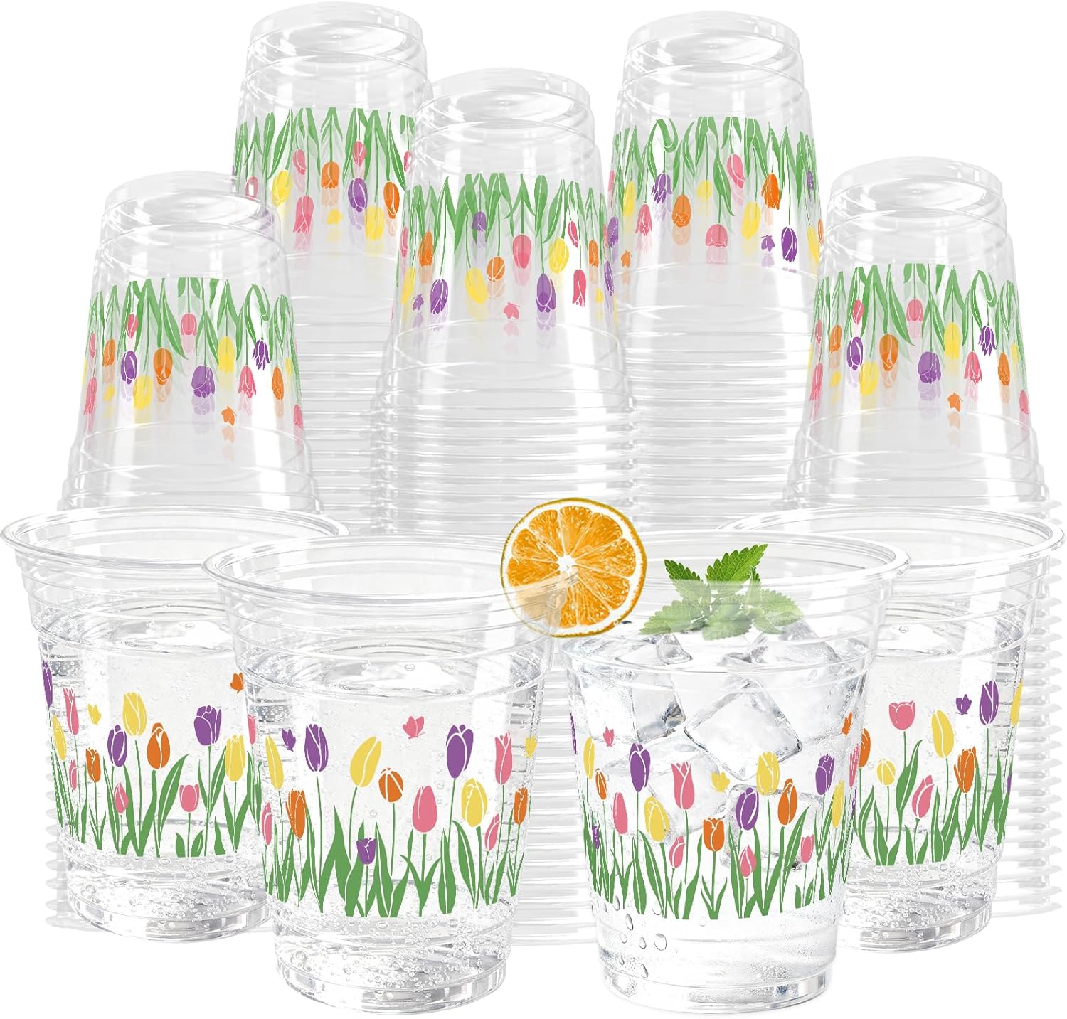 100 Pcs Tulip Floral Plastic Cups 12 oz Easter Floral Drinking Cup Flower Spring Summer Disposable Cold Beverage Cup for Spring Birthday Wedding Baby Shower Party Supplies