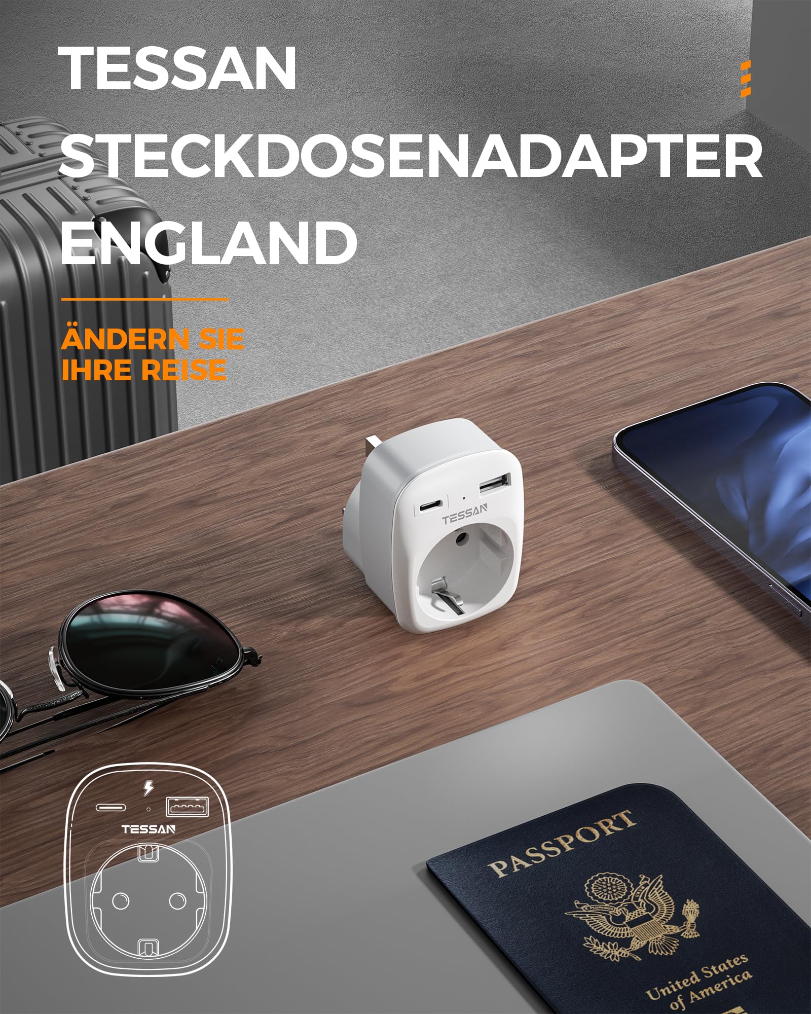 TESSAN 2 pak adapter podróżny UK adapter Anglia Niemcy wtyczka z 2 portami USB, adapter do gniazdka, wtyczka podróżna, adapter prądu do Irlandii Wielkiej Brytanii ładowarka ścienna, adapter gniazda | Adapter gniazda z USB C i USB A, 3250 W UK Adapter do I