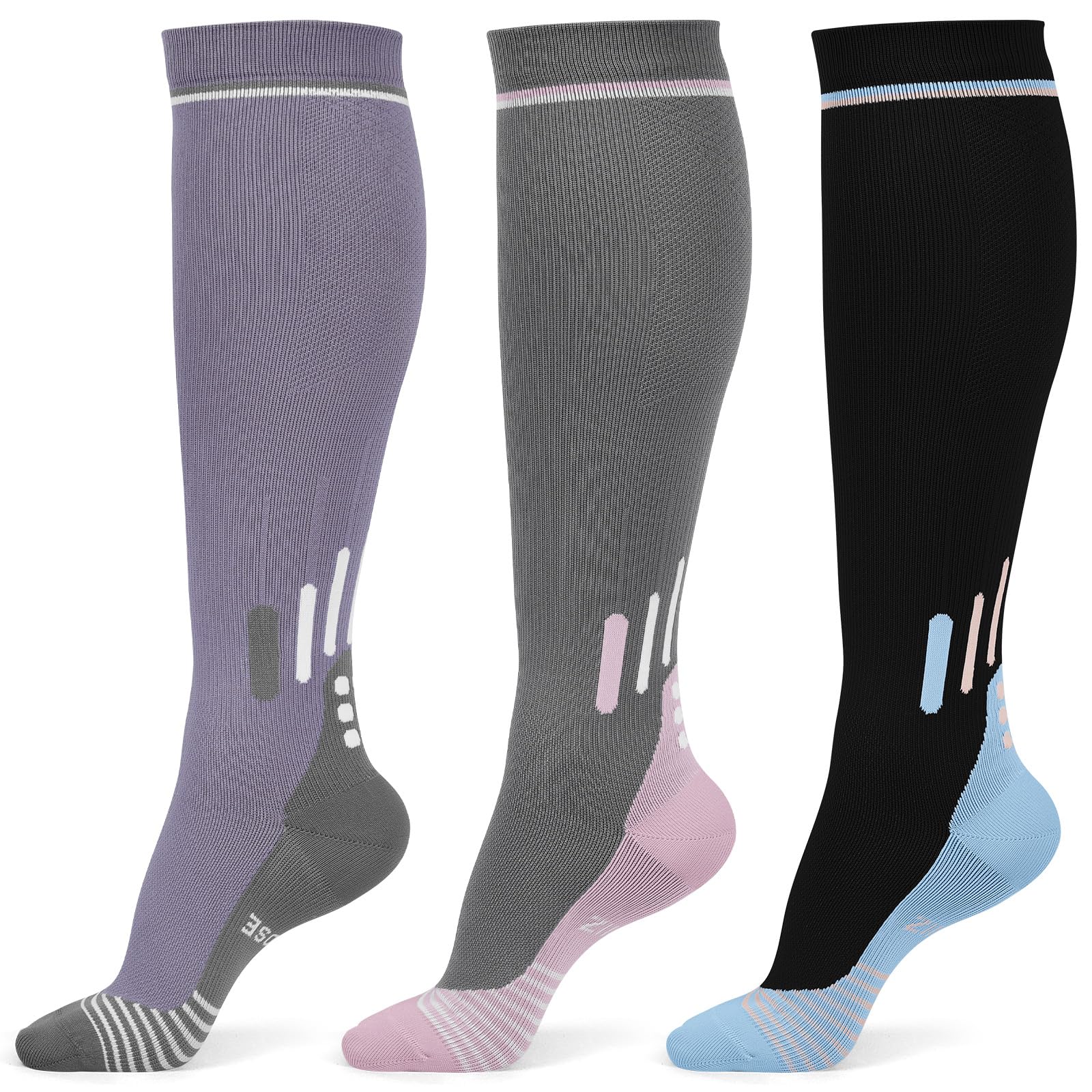 Queenshin 3 Pairs Compression Socks for Women & Men Knee High Support Socks for Flight Travel Running Cycling Nurse Gifts - 1