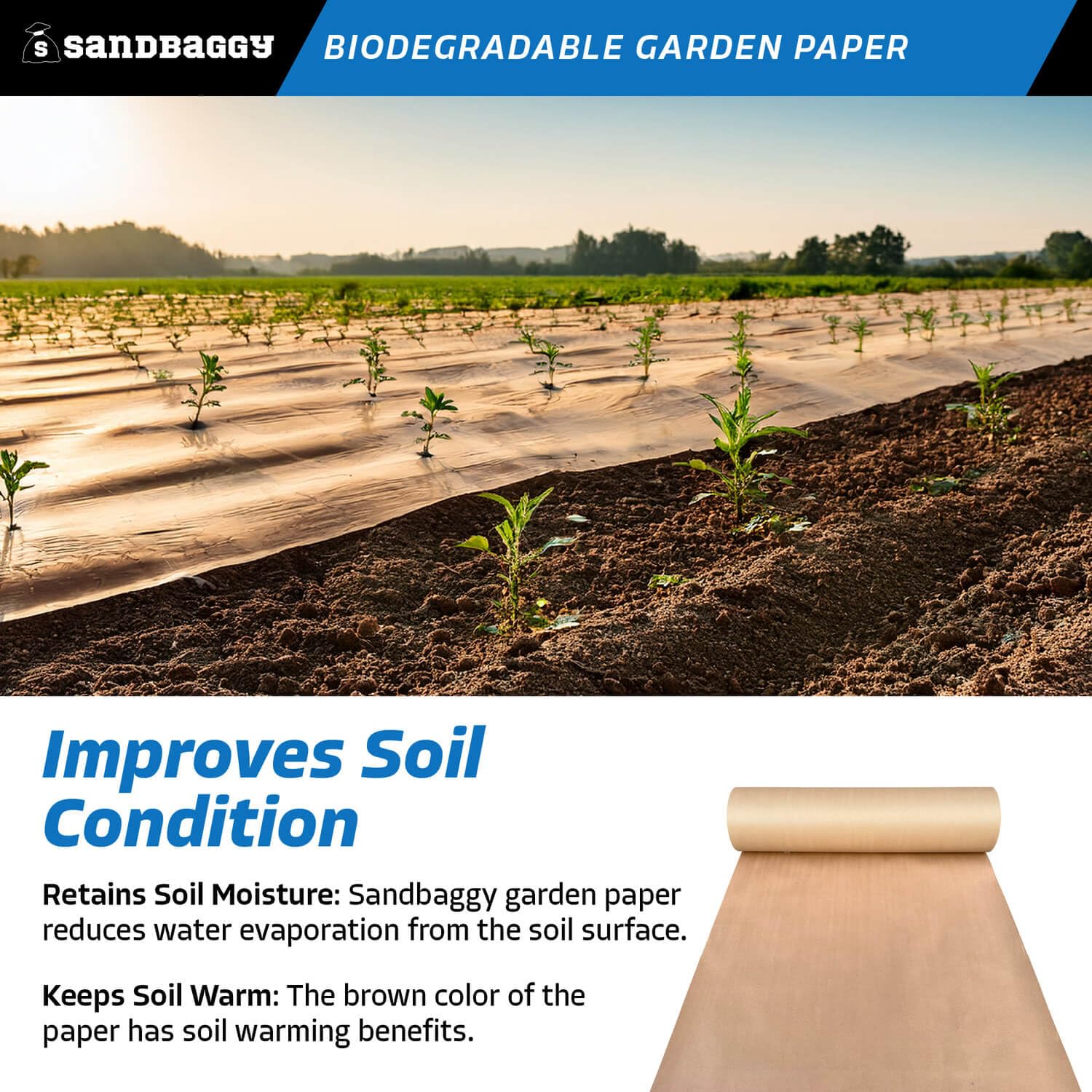 Sandbaggy Biodegradable Landscape Fabric - Garden Paper for Weeds - Paper Mulch Rolls - Made in America (3 ft x 50 ft, 1)