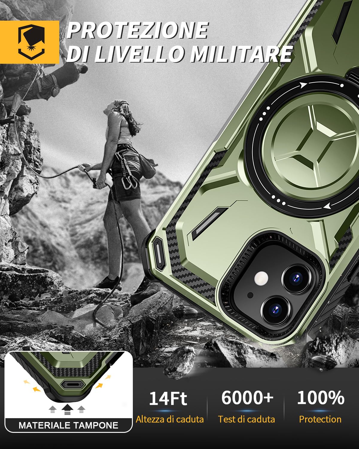 Lanhiem Cover iPhone 12/12 Pro con 2 Pezzi 9H Vetro Temperato, Supporto Magnetico ad Anello a 360°Protezione Antiurto Anticaduta di Livello Militare Armor Custodia iPhone 12 Pro / 12, Verde