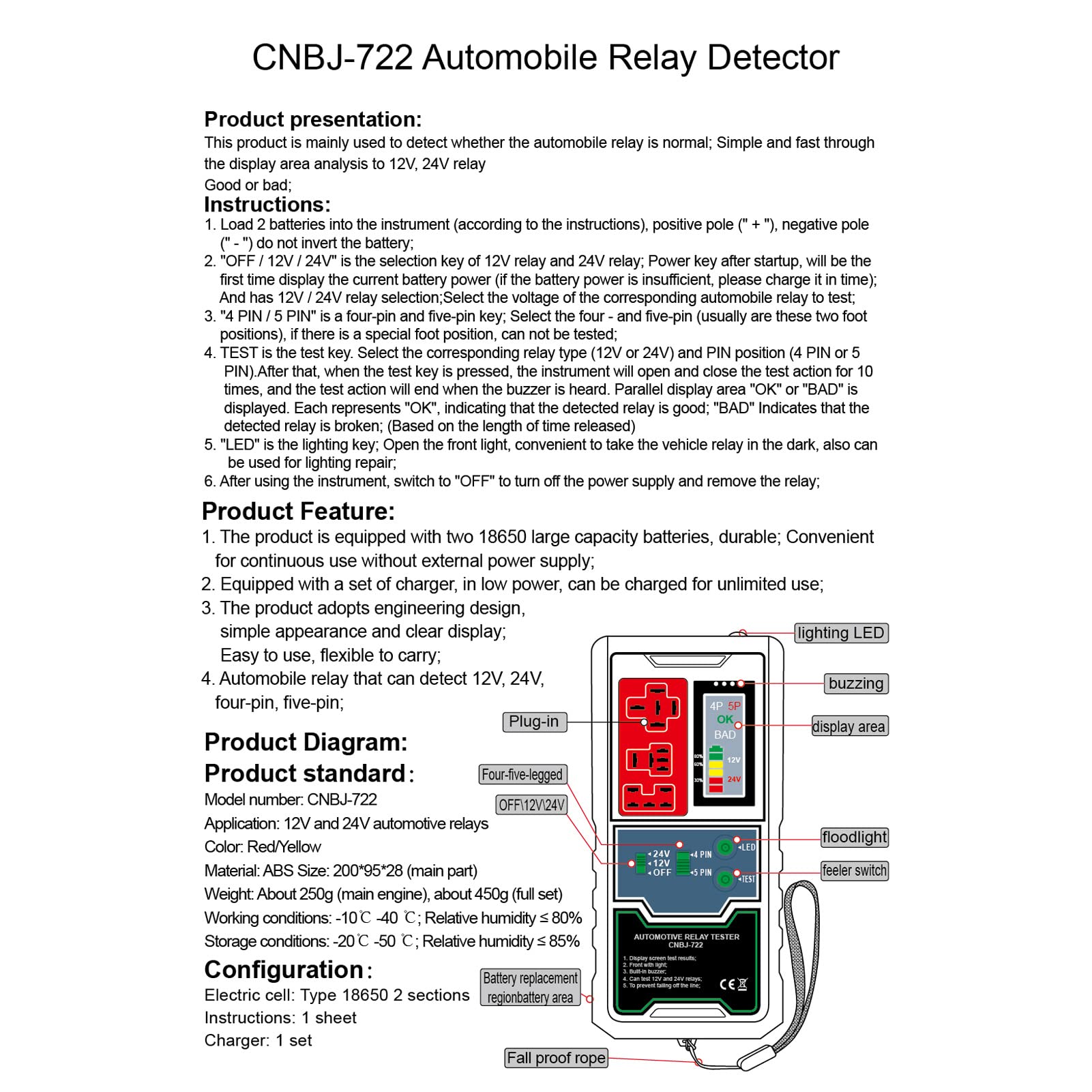 Jemora Probador de relé electrónico automotriz de 12V y 24V, comprobador de batería de Coche, luz indicadora de LED, probador de relé de Coche, Herramientas de diagnóstico automático