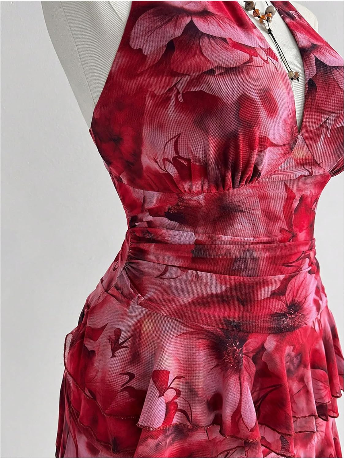 Women's Plus Size Floral Halter Mini Dress Y2k Mesh Ruched Ruffle Layered Asymmetrical Dresses - Image 2