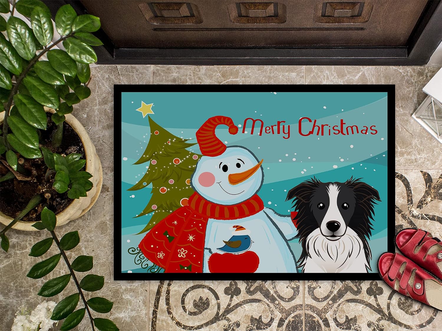Caroline's Treasures BB1861JMAT Snowman with Border Collie Doormat 24x36 Front Door Mat Indoor Outdoor Rugs for Entryway, Non Slip Washable Low Pile, 24H X 36W