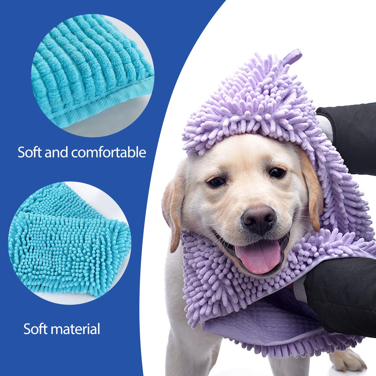 PETCUTE Toalla Ultra Absorbente para Perro Toalla de Microfibra para Mascotas con Bolsillos de Mano para Limpieza de Baño de Perro o Gato(Cian L-35x80cm)