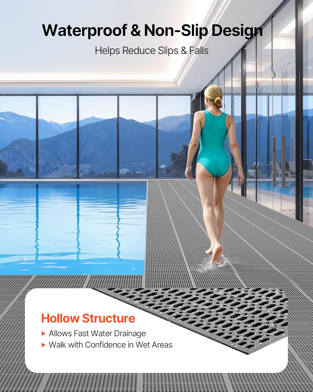VEVOR Drainage Mat, 3 x 50 ft, PVC Non Slip Commercial Floor Mat, Wet Area Water Drain Splash Matting Hollow Doormat Roll, for Outdoor Indoor Restaurant Swimming Pool Patio Bathroom Washroom, Black