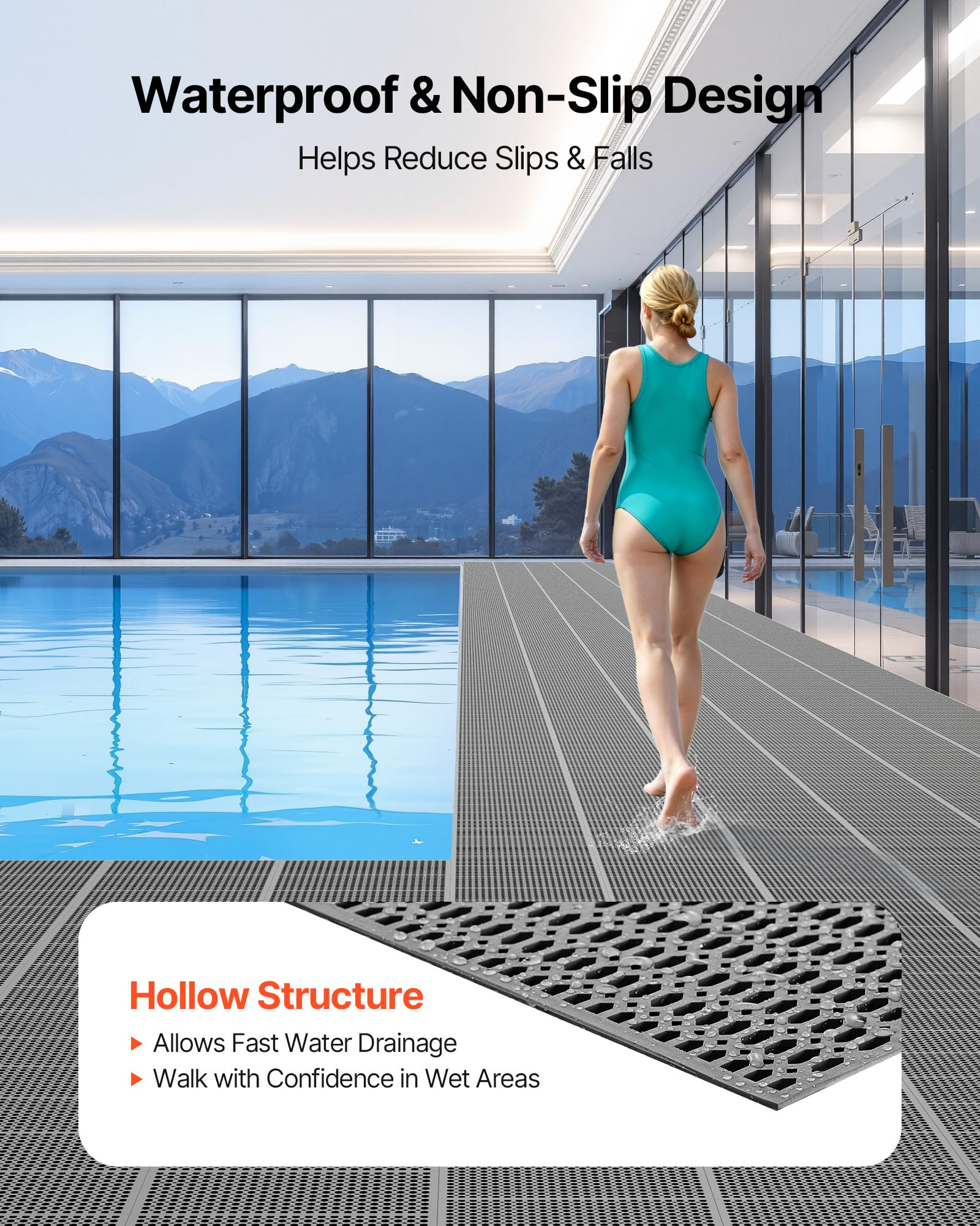 VEVOR Tapis de Drainage Antidérapant 90x1500 cm, Caillebotis Piscine en PVC, Revêtement de Sol pour Zones Humides Restauratoin Piscine Terrasse Salle de Bain, Tapis Antifatigue Drainant en Rouleau