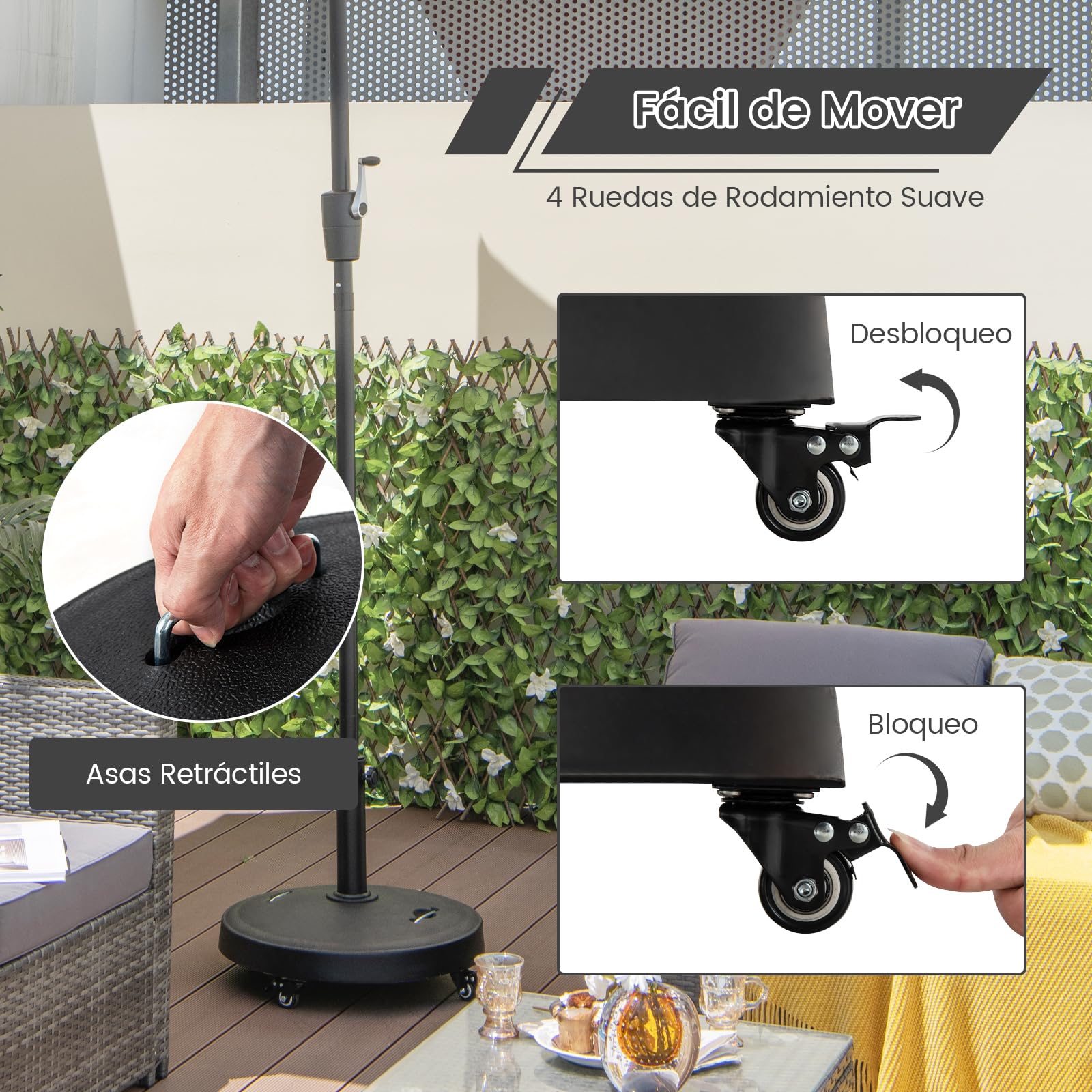 RELAX4LIFE Base Sombrilla Φ52cm con 4 Ruedas con Frenos y 2 Asas Retráctiles para Poste Φ 38/48mm, Pie Sombrilla Terraza Exterior de Resina para Jardín, Patio, Balcón, 52x52x42,5 cm