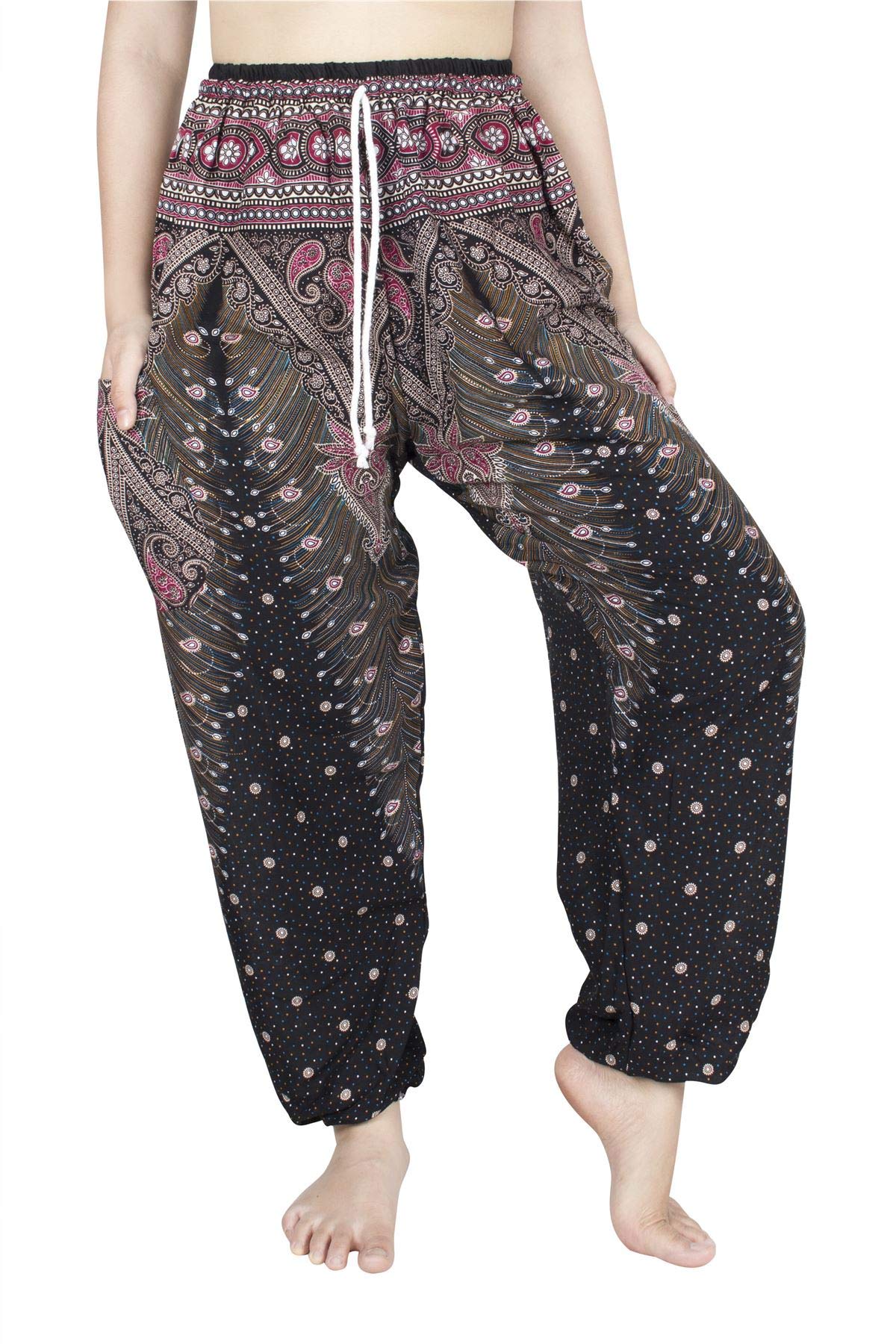 Lofbaz Women's Peacock 1 Drawstring Harem Boho Pants Black & Red 3XL