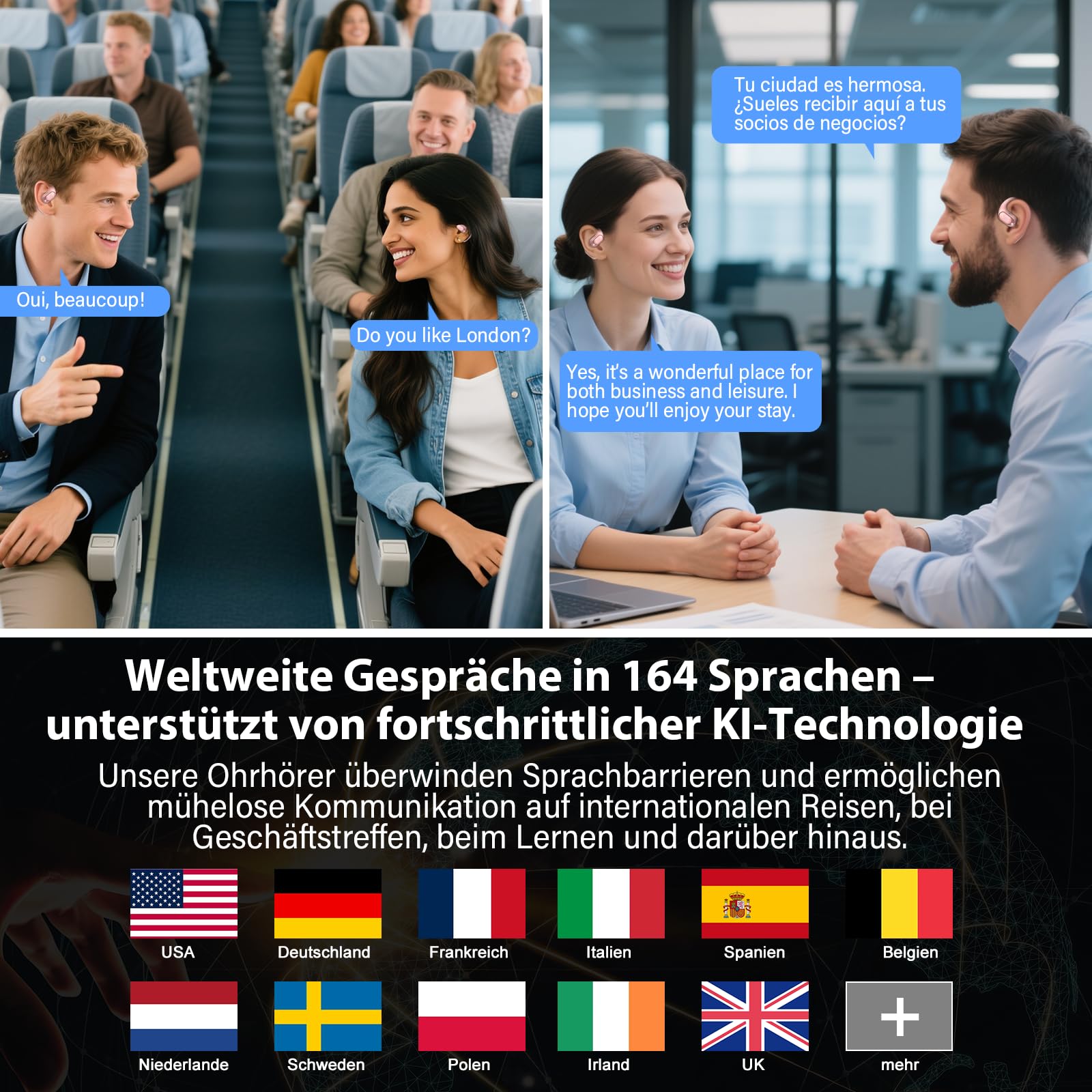 KI Übersetzer Kopfhörer 4-in-1, Echtzeit Sprachübersetzer kopfhörer, 164 Sprachen & 7 Modi, Übersetzer Ohrhörer Bluetooth 5.4 mit APP, 50H Übersetzungs Ohrhörer für Geschäft, Lernen, Reisen | 164 Sprachen & 7 Modi Bluetooth 5.4, Ohne Abonnement, 50 Std. Ü
