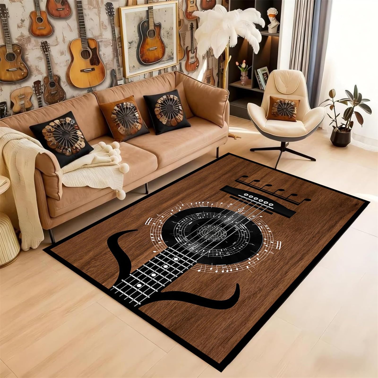 HONGXIU 160x230cm Music Area Carpet Vintage Wooden Guitar Music Lovers Black Note Rug, Anti-Slip Noise Reduction Machine Washable Durable Rug for Music Room Living Room Bedroom Office Home Decor