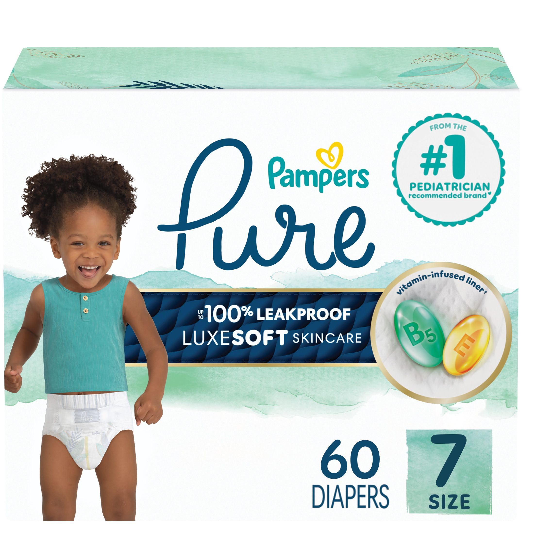 Pampers Pure Baby Diapers, Size 7 (41+ lbs), 60