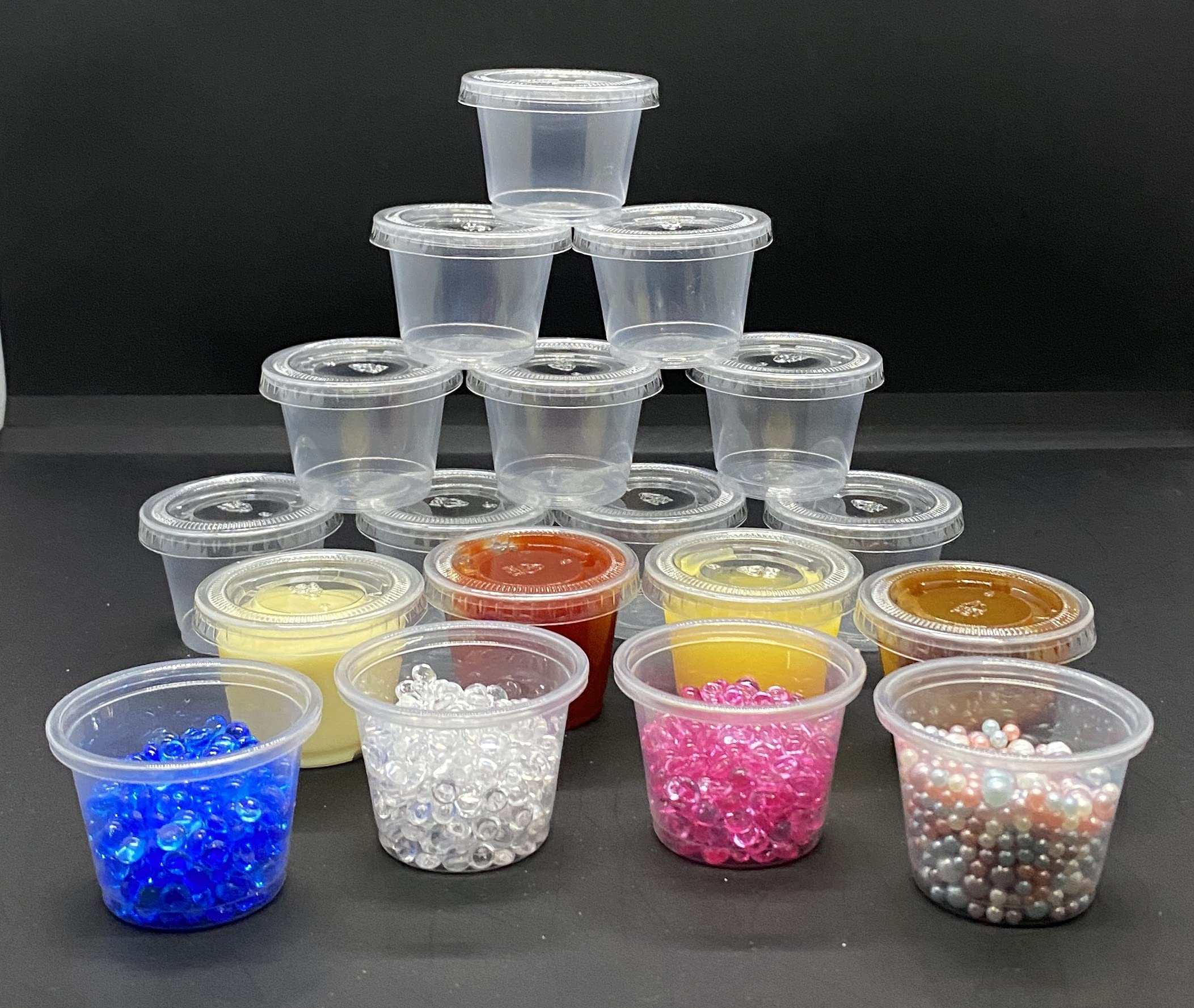 Value Choice Clear 1Oz Round Plastic Containers 25Ml Lids Deli Pot Or Sauce Take Away Chutney Ketchup Restaurant Jelly Shot & Dessert Cups (200 Pack)