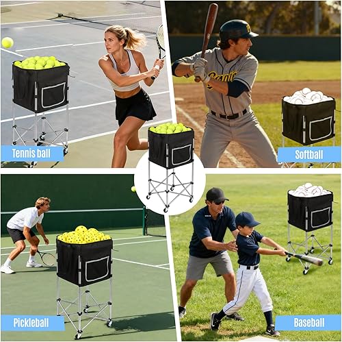 Miniatura 5 de Tolva de pelota de tenis y pickleball con ruedas, acero inoxidable plegable, capacidad de bola de 180, sin doblarse, ruedas bloqueables de 360,